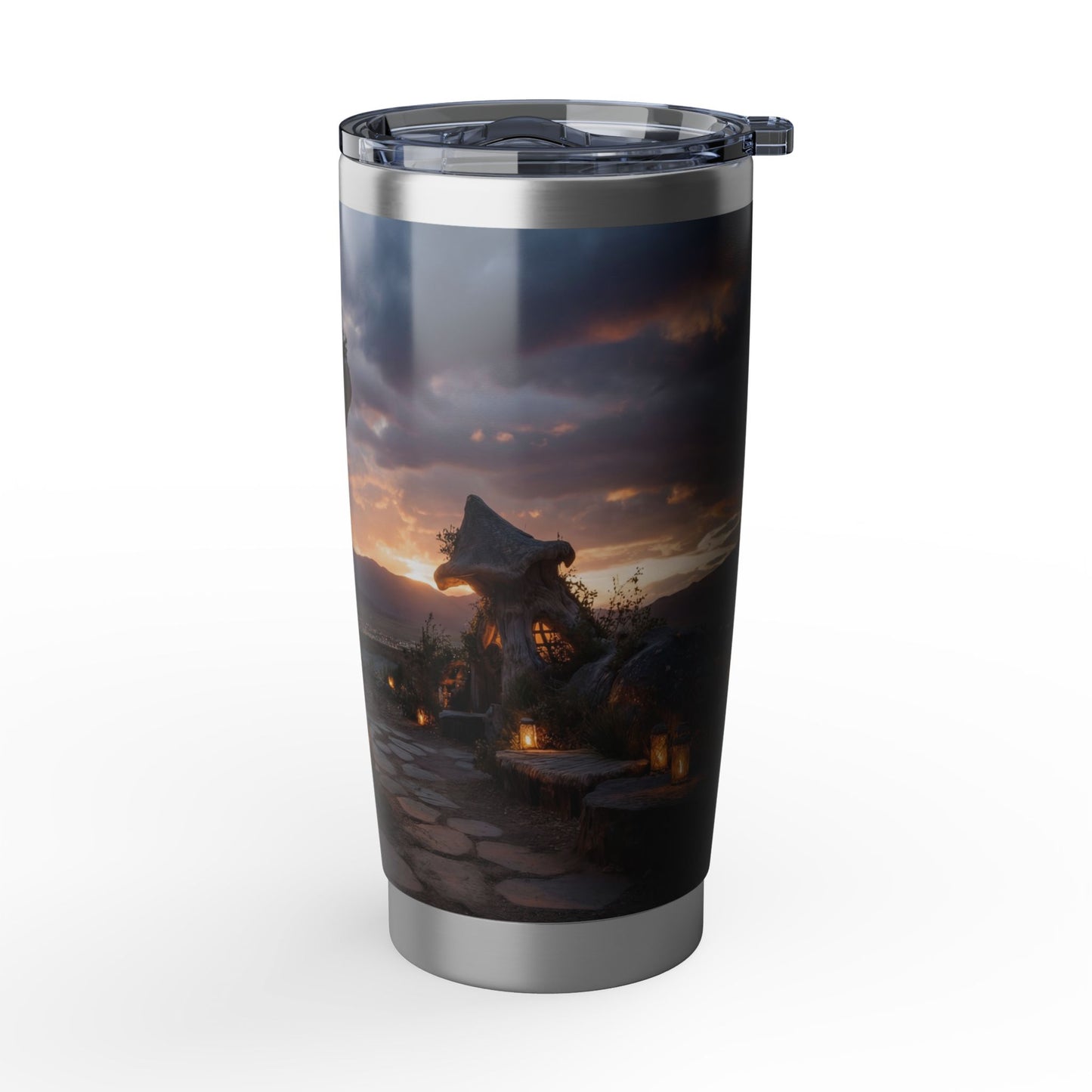 Twilight Mushroom Cottage Tumbler – Warm Light in a Wild Landscape