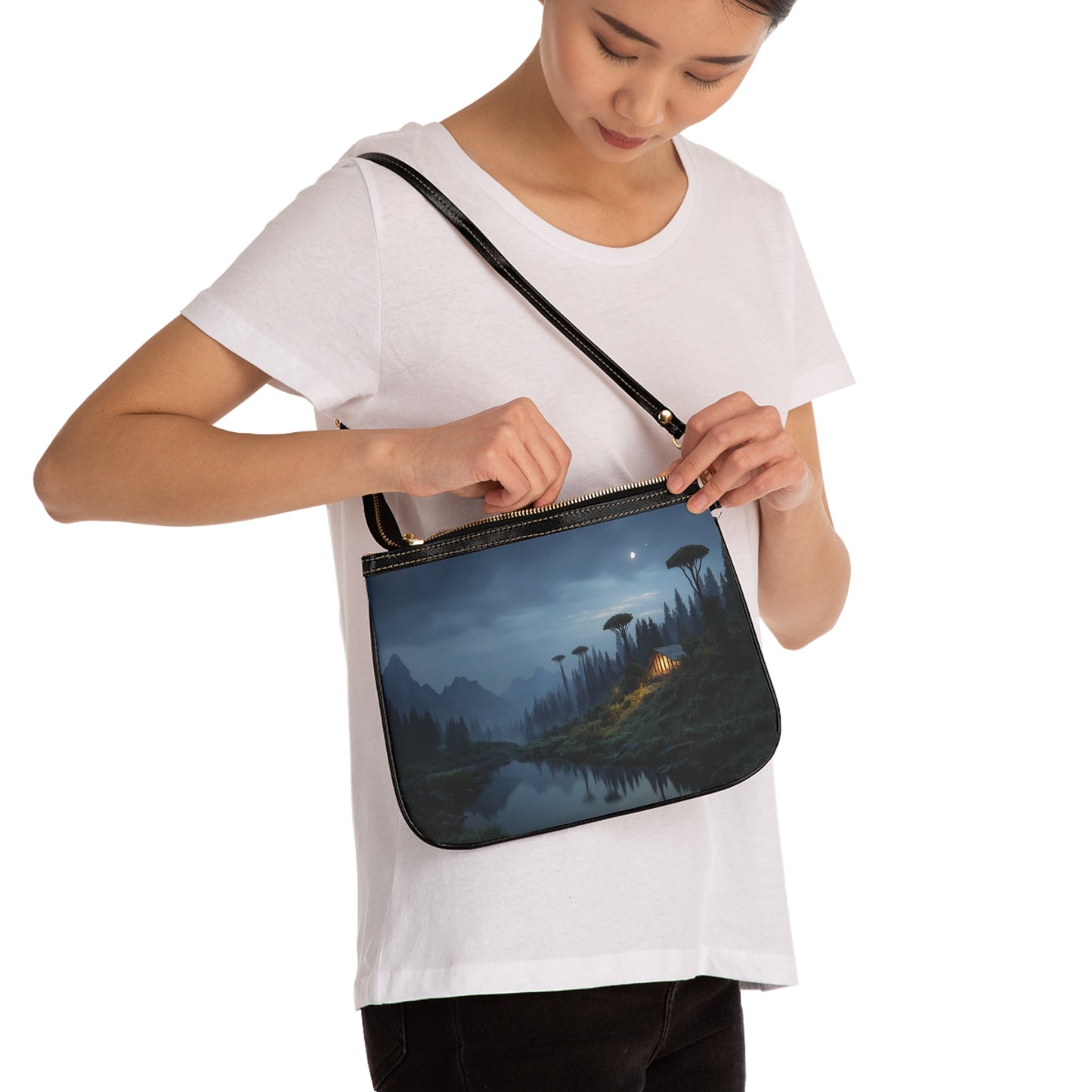 Moonlit Mountain Cabin Shoulder Bag – Whispering Peaks at Dusk