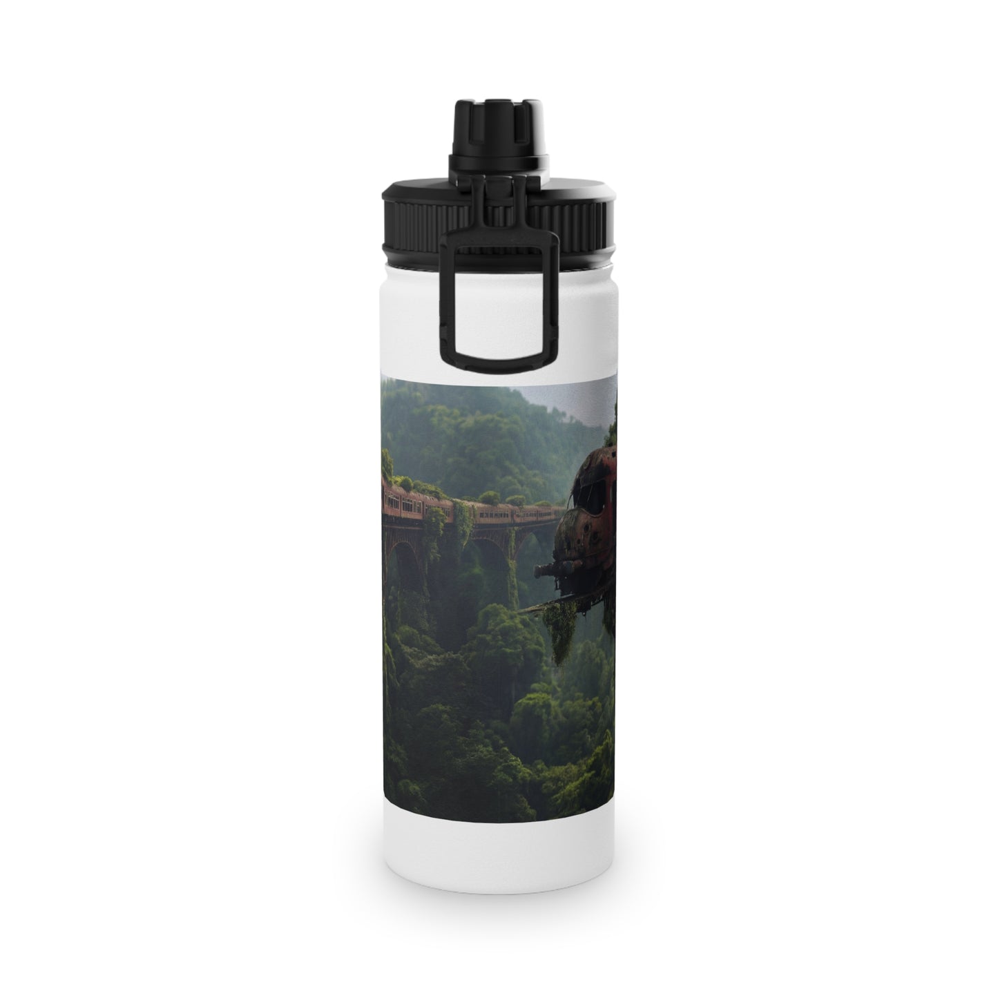 Abandoned Train Through Verdant Canopy Stainless Steel Water Bottle, Sports Lid – Timeless Forest Journey