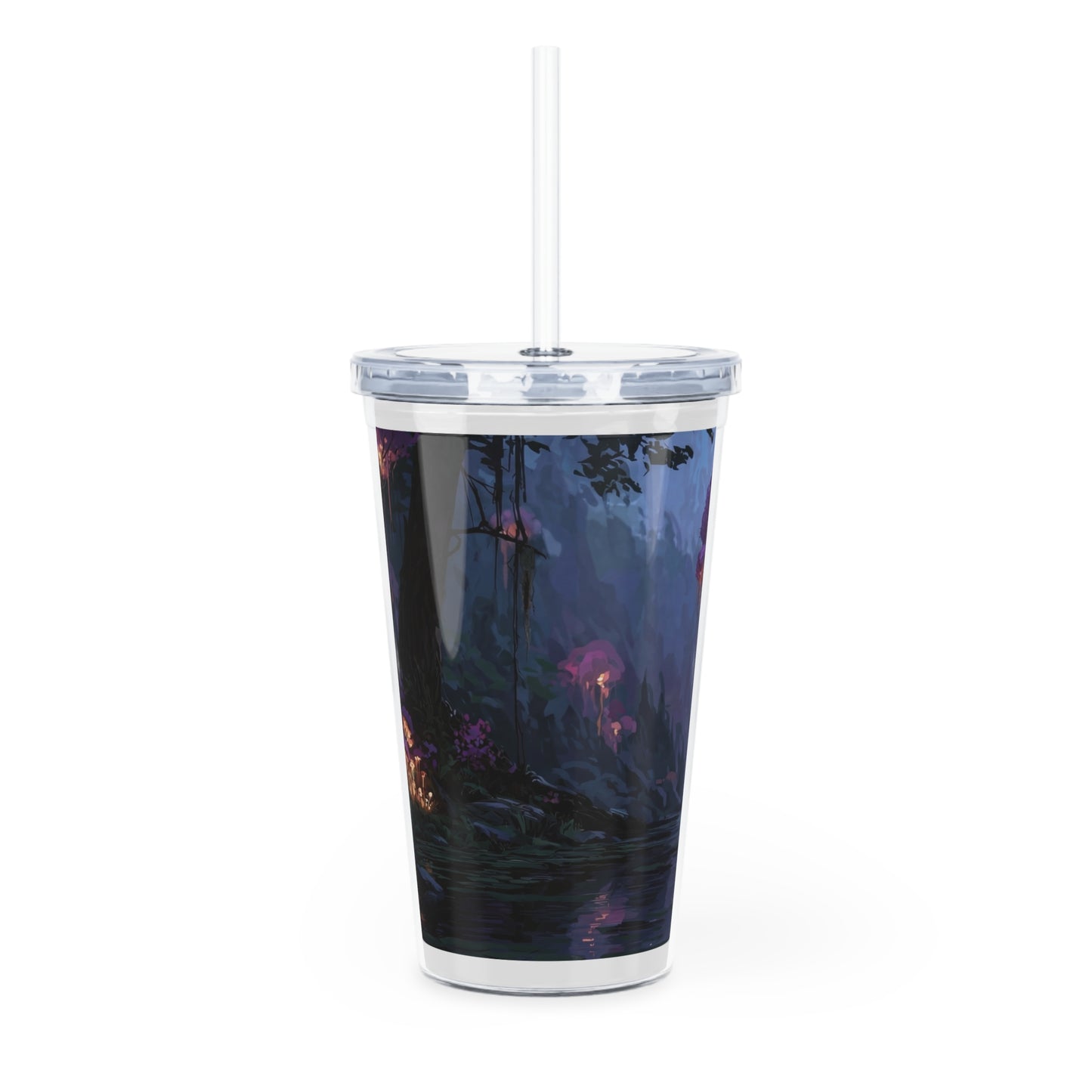 Bioluminescent Grove Plastic Tumbler with Straw – Twilight River of Living Light