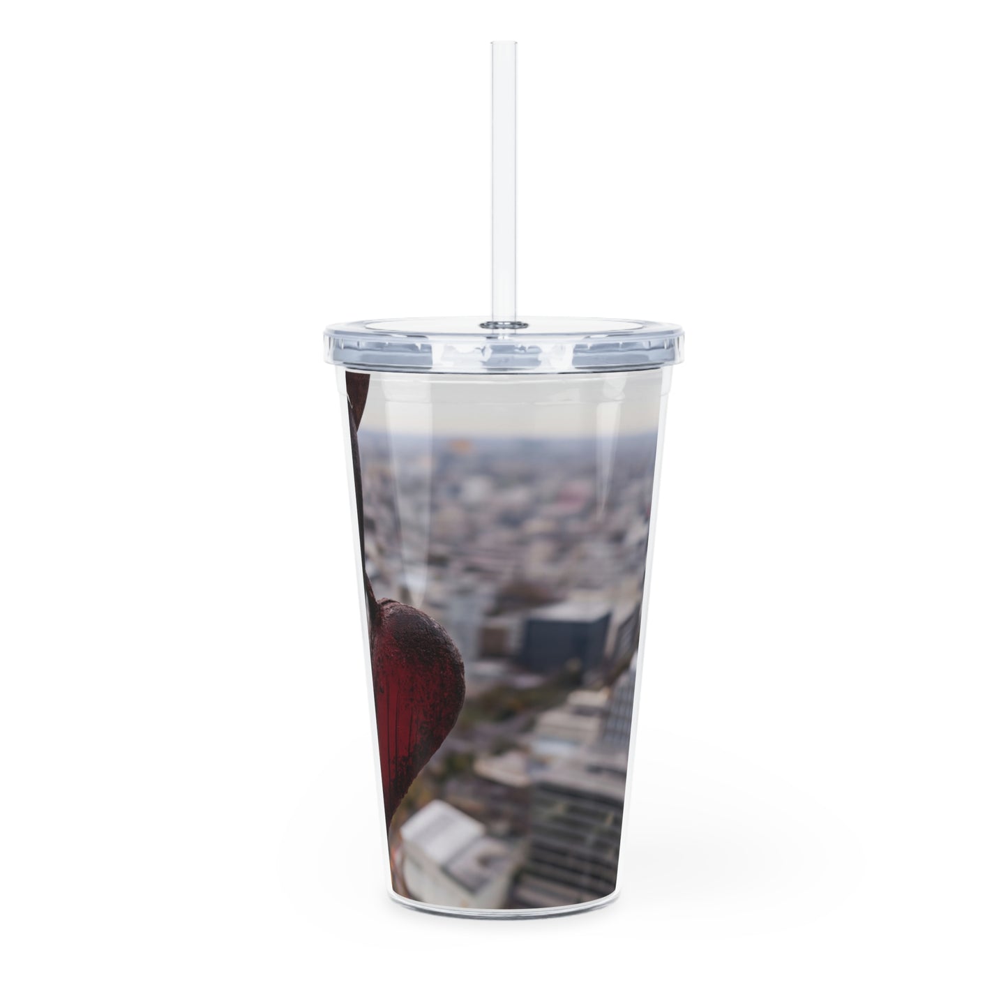 Rust-Heart Tumbler with Straw – Suspended in Urban Twilight