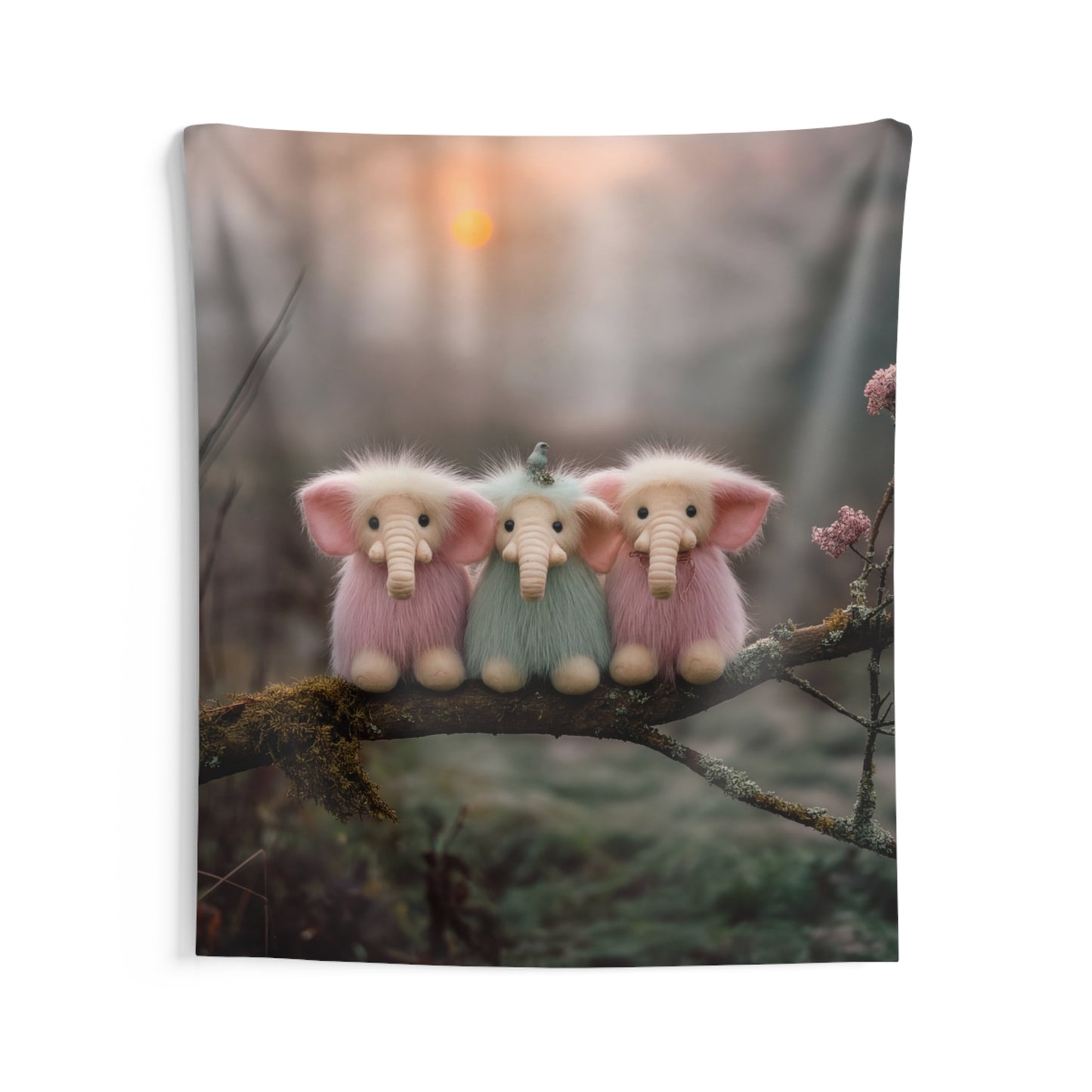 Trio of Furry Elephants Indoor Wall Tapestries – Dawn’s Whisper in the Mist
