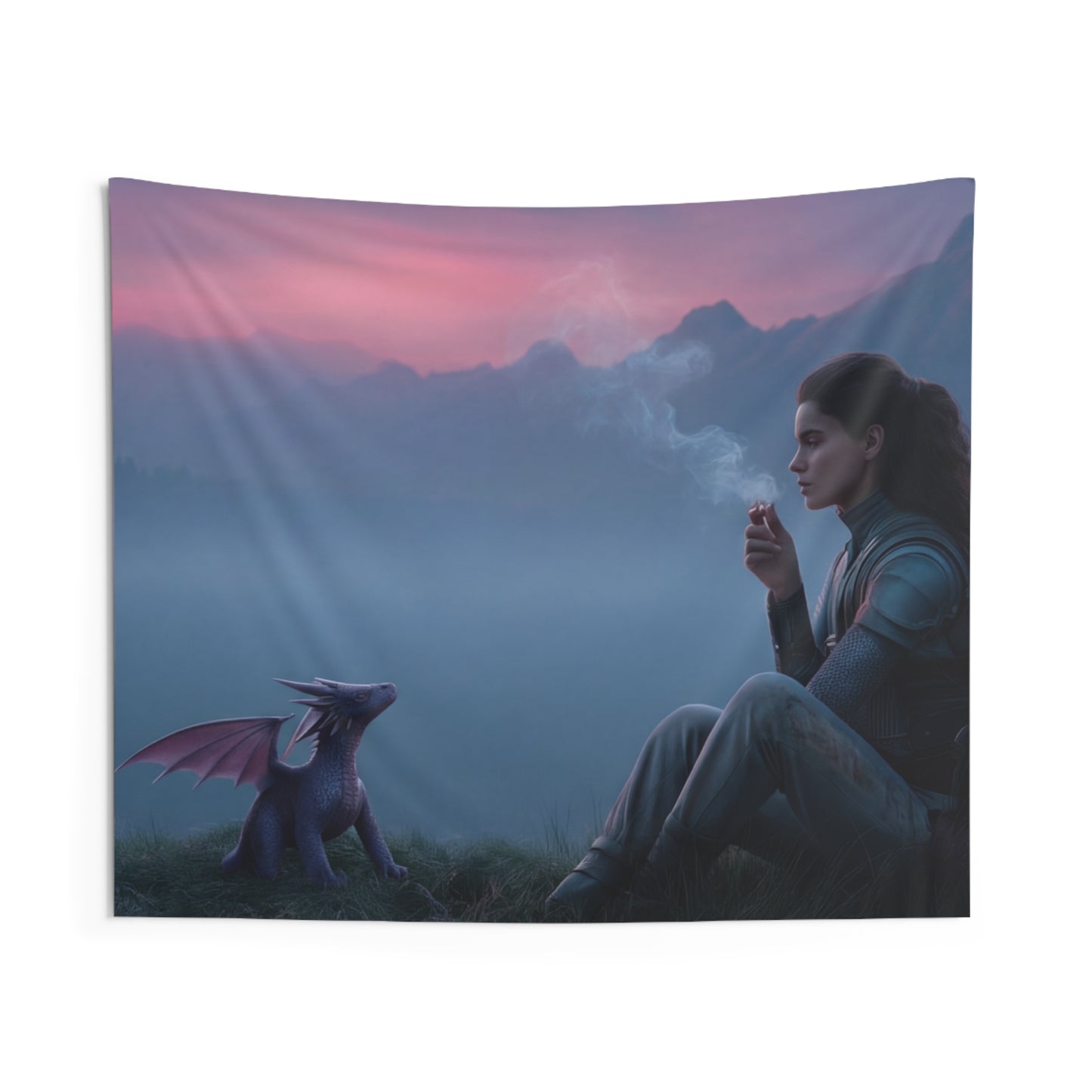 Warrior and Dragon at Dawn Wall Tapestry – Quiet Mountain Vigil