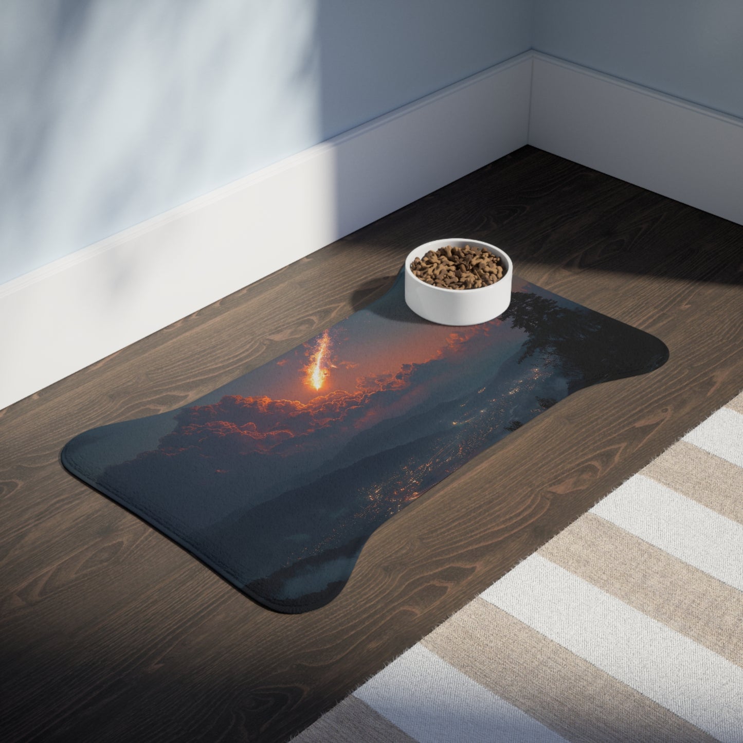 Meteor Over Valley Pet Feeding Mats – Fiery Trail Across Twilight Hills
