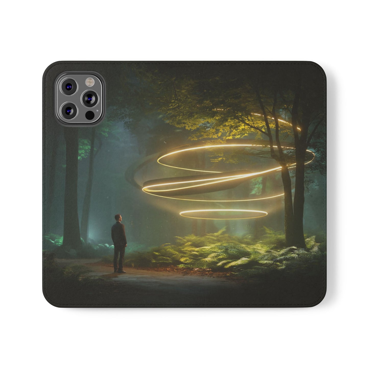 Luminous Spiral Forest Flip Cases – Golden Light Rings Mystery Scene