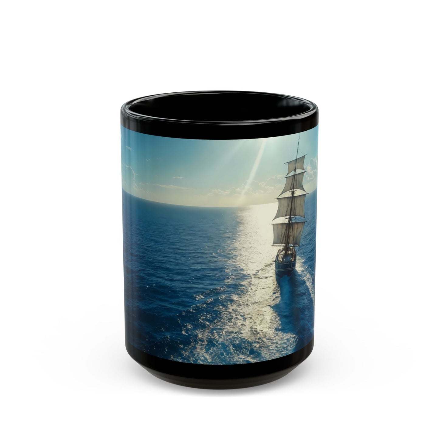 Sunlit Galleon Black Mug – Voyage Through Azure Horizons