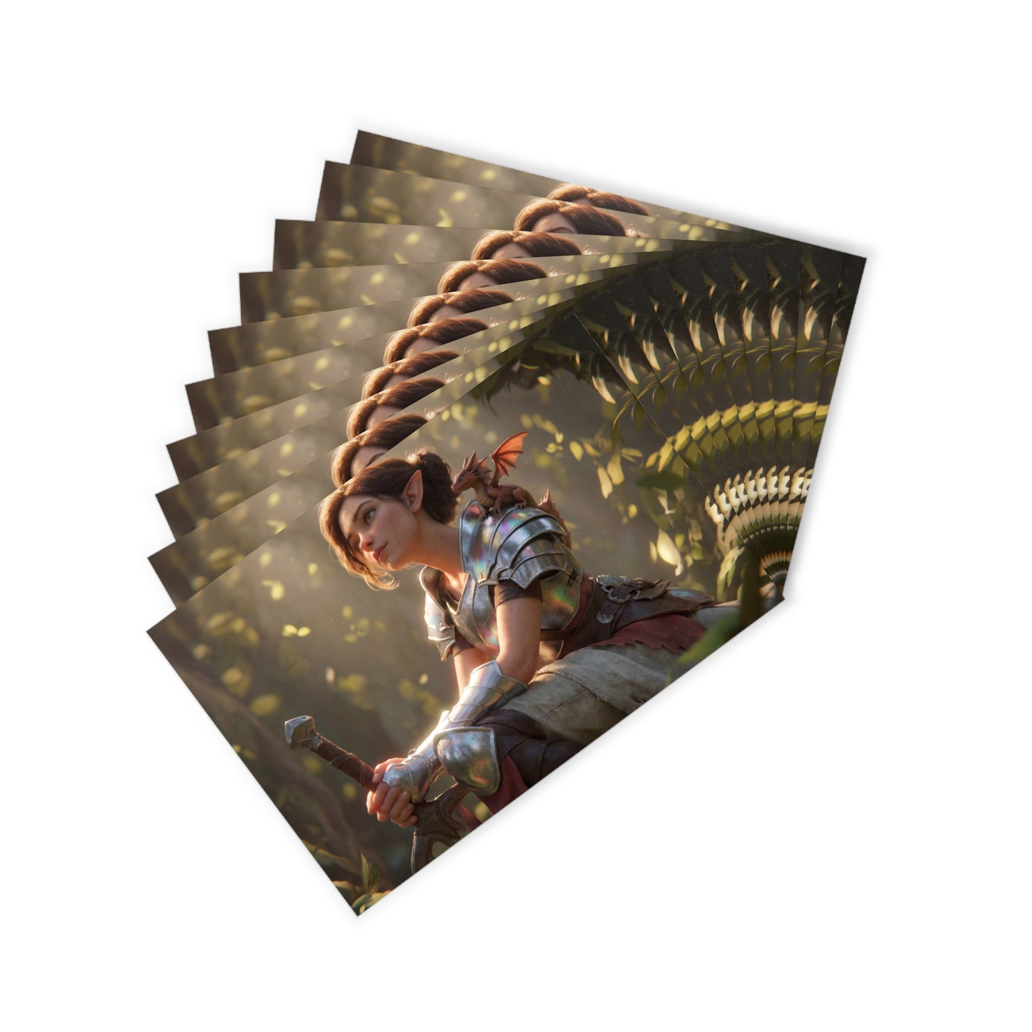 Elven Guardian with Mini Dragon Postcards (10pcs) – Sunlit Forest Sentinel