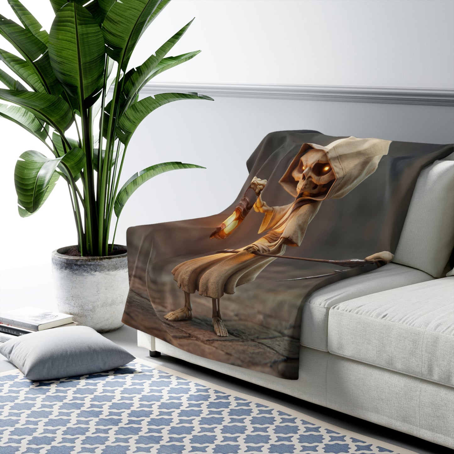 Lantern-Bearing Reaper Sherpa Fleece Blanket – Warm Glow in the Shadowed Path