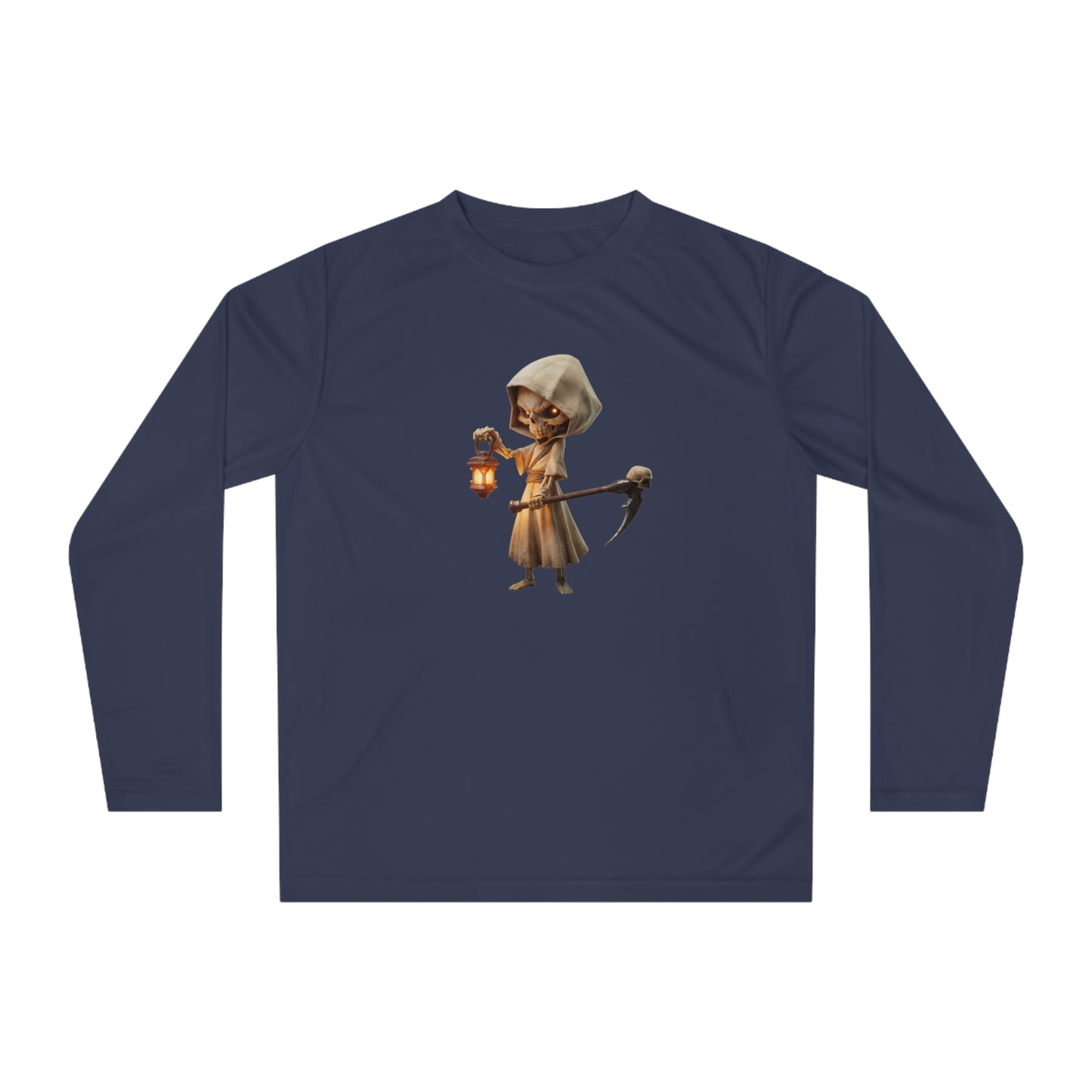 Lantern-Bearing Sentinel Unisex Performance Long Sleeve Shirt – Hooded Skeleton with Scythe and Warm Glow