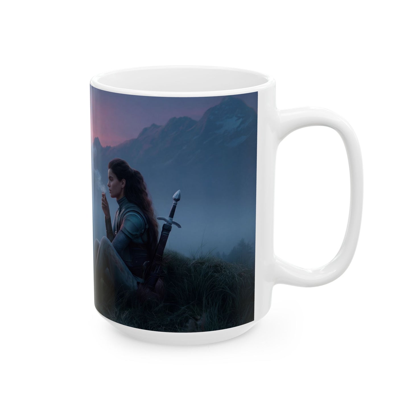 Warrior and Dragon Sunset Mug – Twilight Vigil on the Mountain Ridge