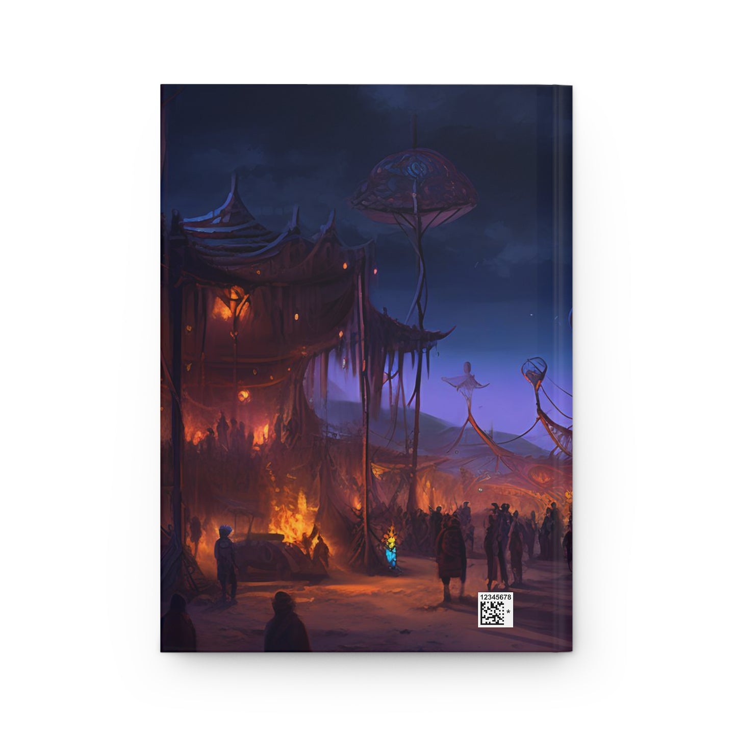 Digital painting of an awe-inspiring night scene at Burning Man, showcasing epic and intricate art installations - Hardcover Journal Matte