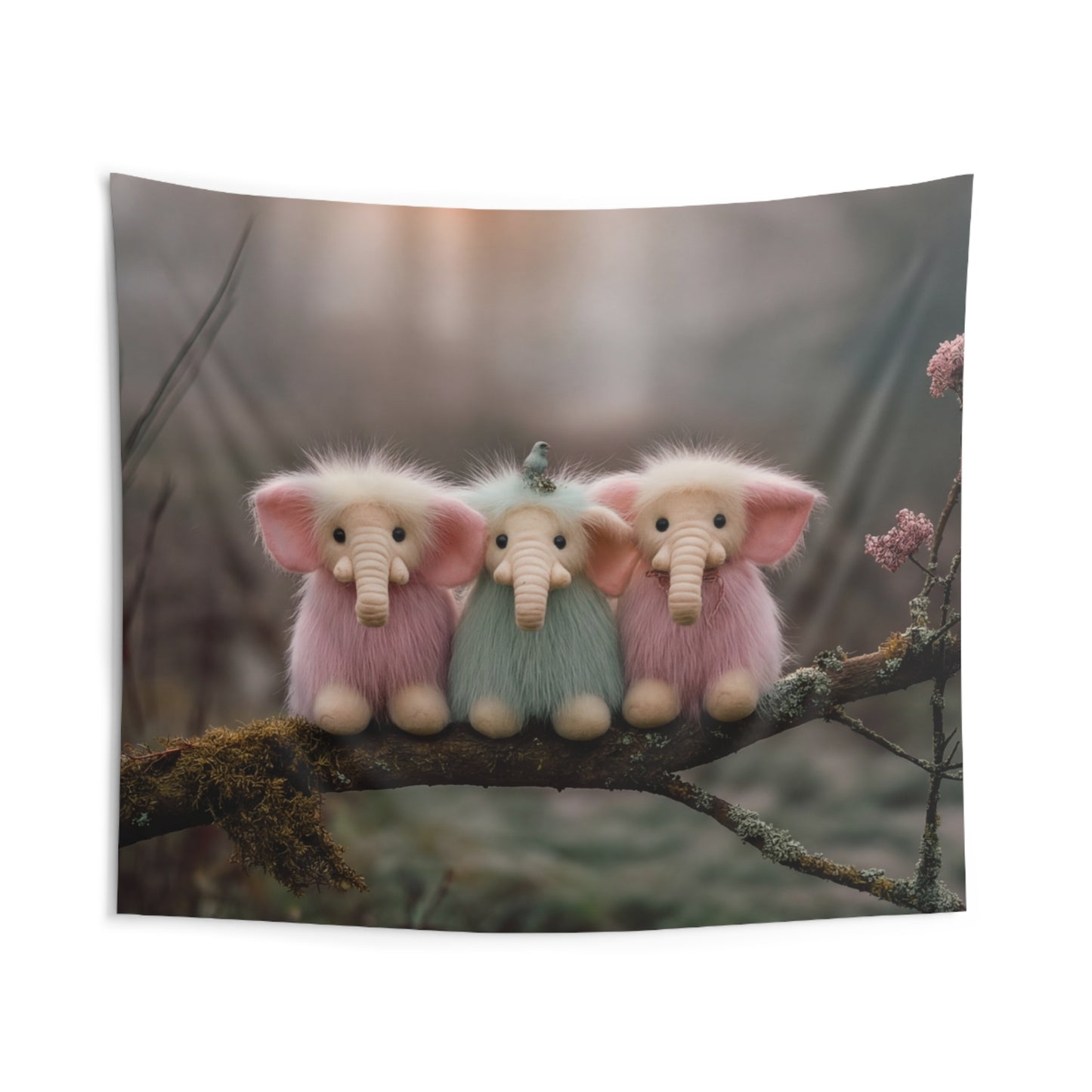 Trio of Furry Elephants Indoor Wall Tapestries – Dawn’s Whisper in the Mist