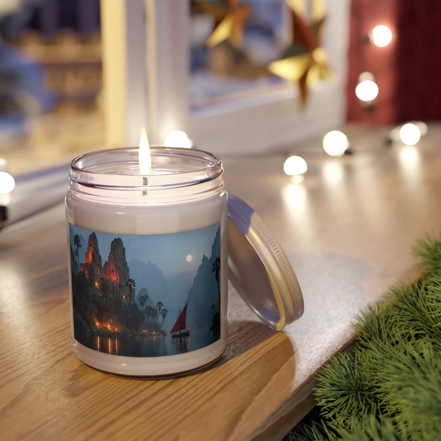 Moonlit Temple Ruins Scented Soy Candles with White Lid, 9oz – Amber Glow Across the Misty River