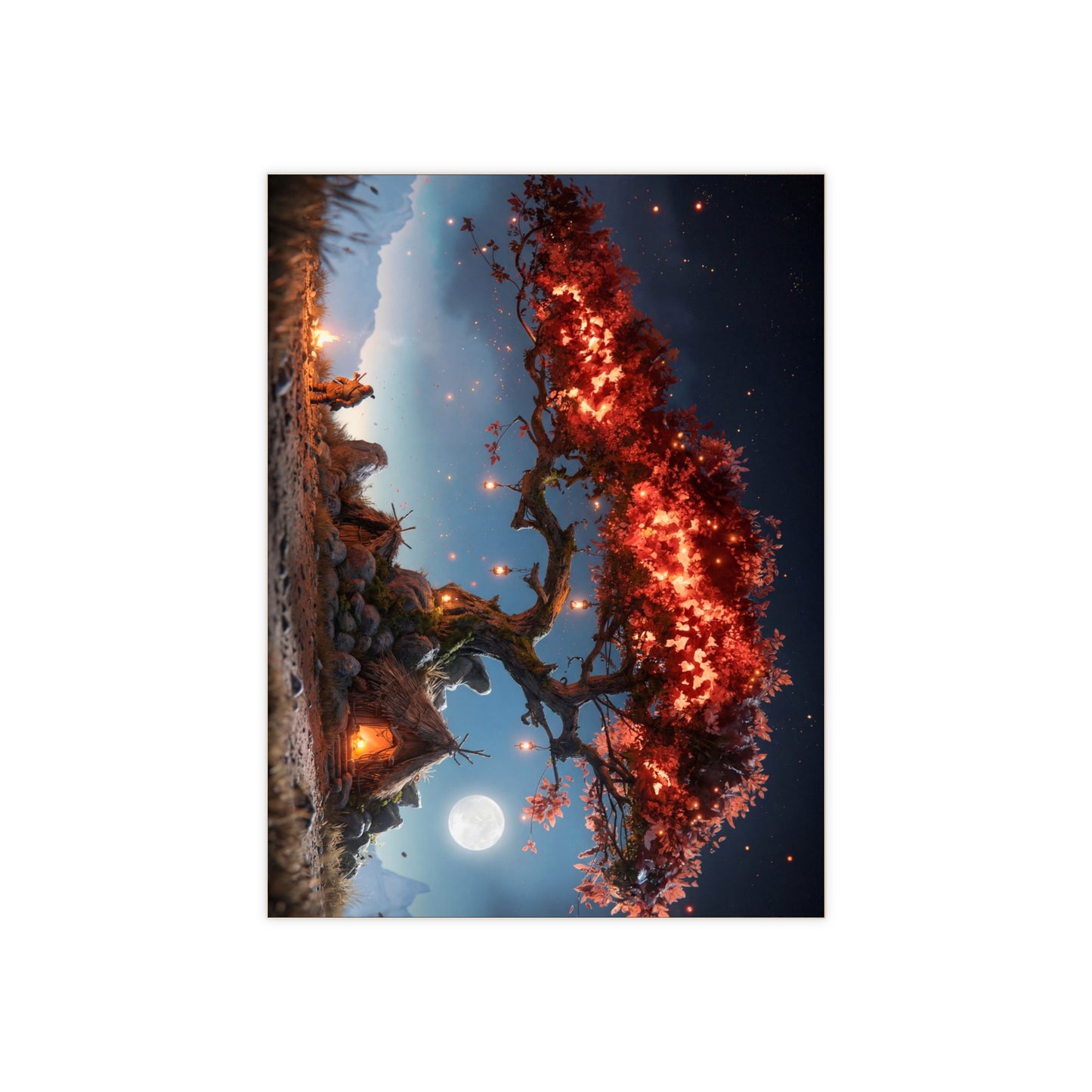 Whispering Ember Tree Ceramic Photo Tile – Moonlit Hearth Under a Burning Canopy