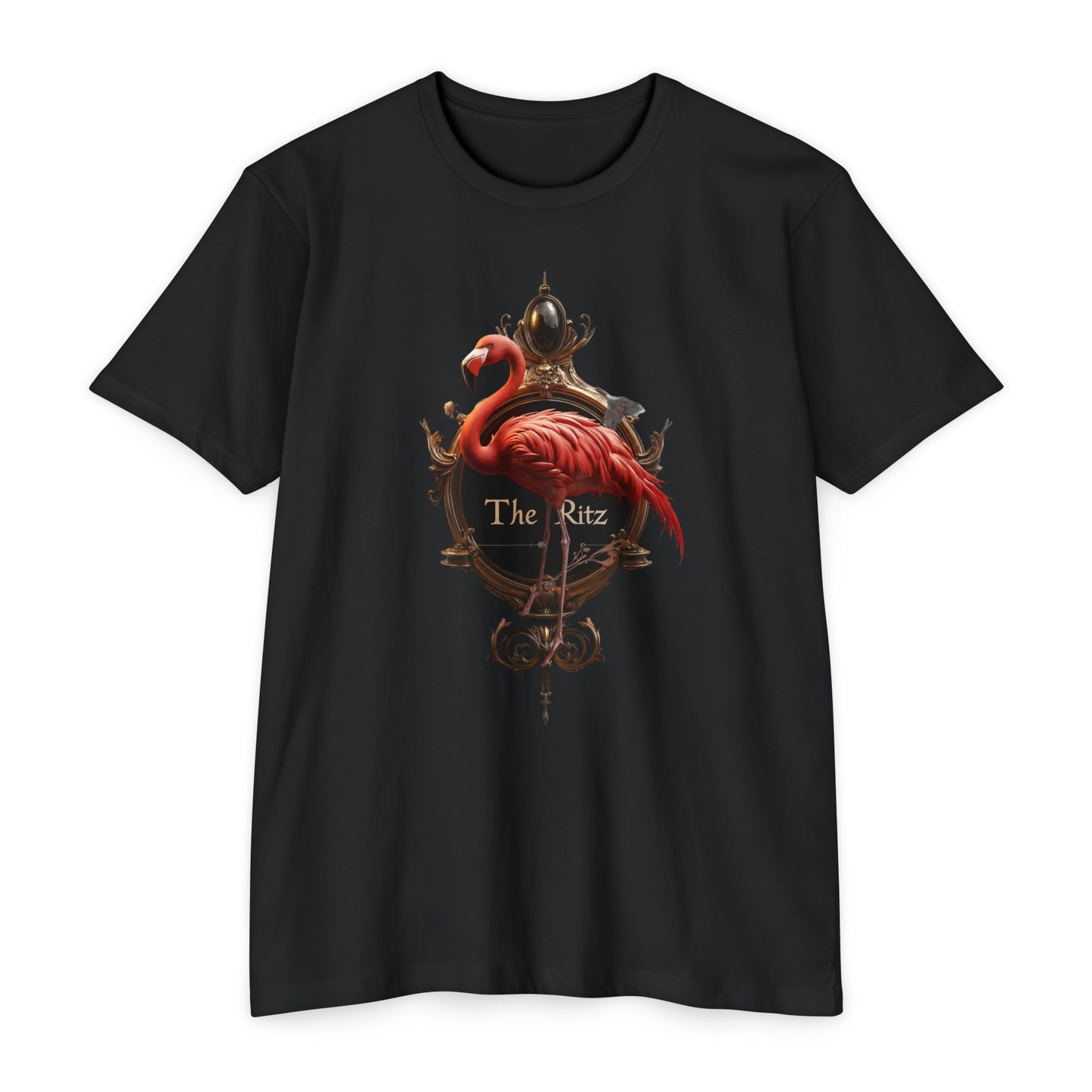 The Ritz Flamingo Ornate Clock T-shirt – Gilded Timepiece and Pink Bird Design