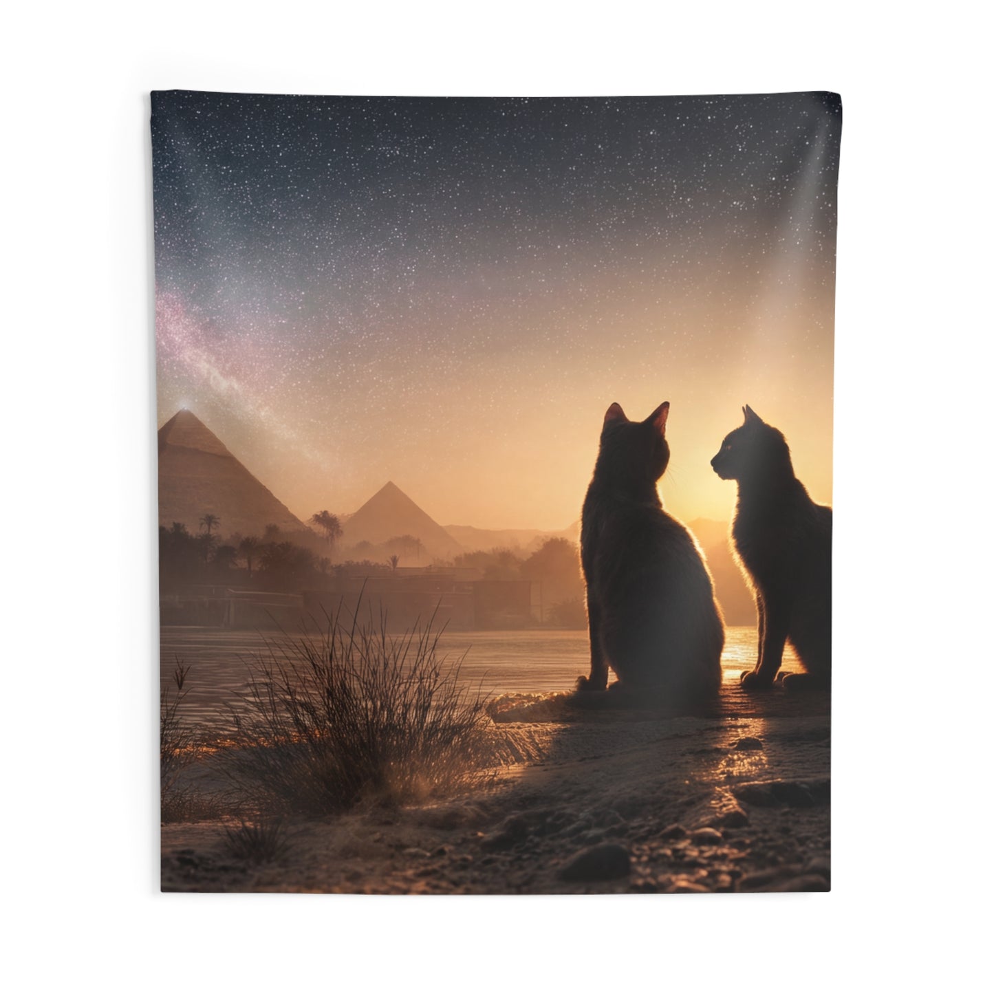 Starlit Pyramids Cat Wall Tapestry – Whispers of Ancient Cosmos