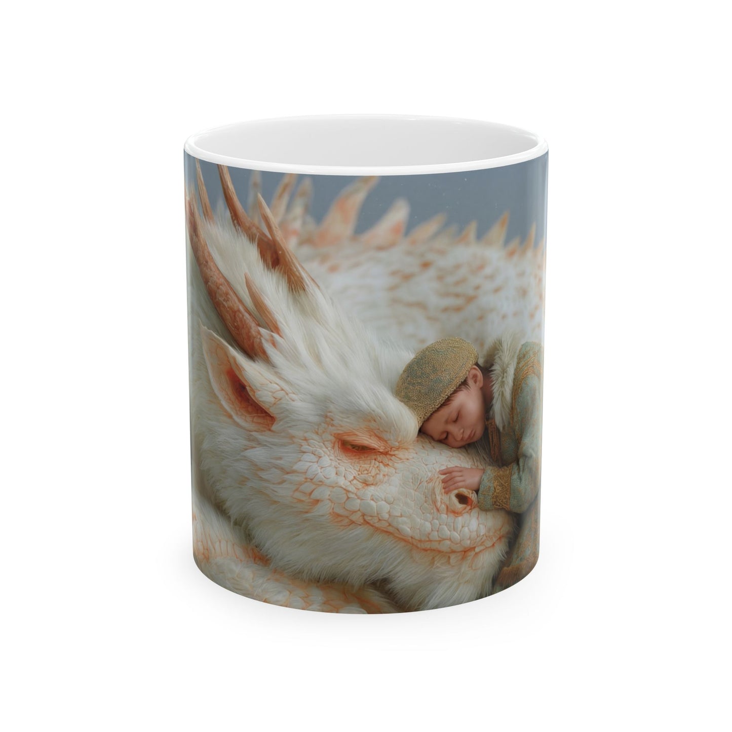 Child and White Dragon Ceramic Mug – Winter’s Gentle Guardian