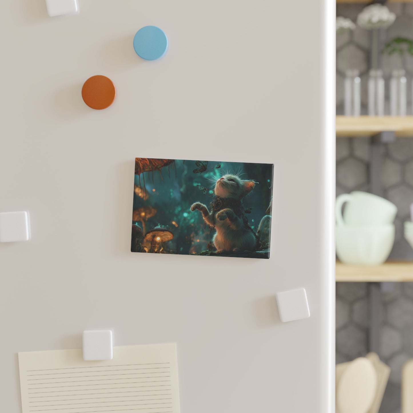 Whimsical Forest Kitten Magnet – Butterflies & Bioluminescent Mushrooms