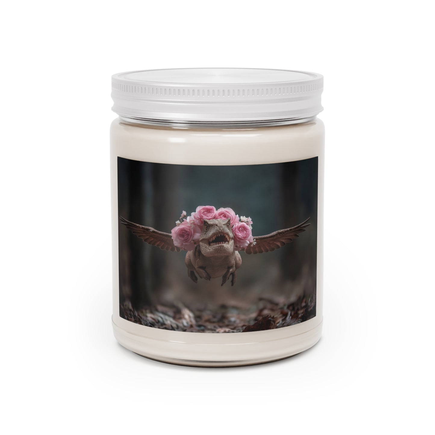 Rose Crowned T-Rex Scented Soy Candles with White Lid, 9oz – Forest Fantasy Flight