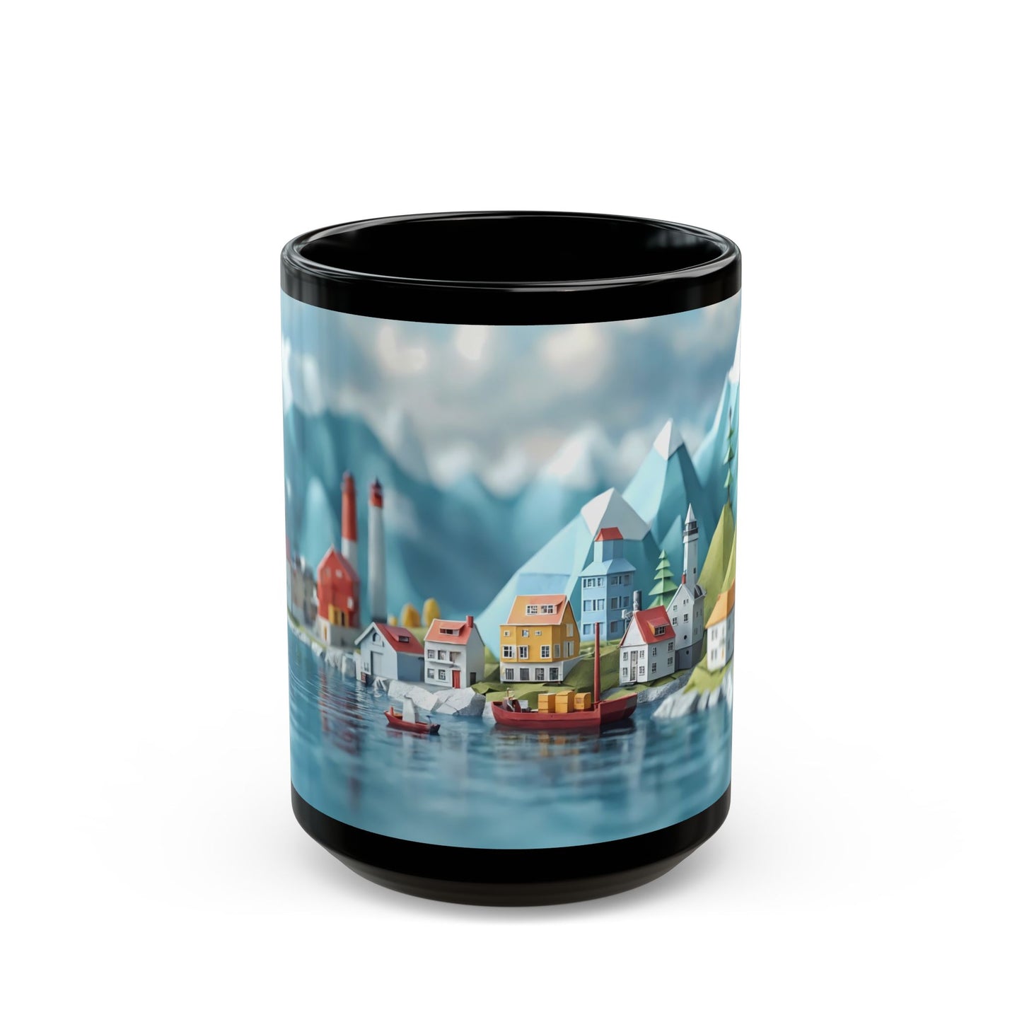 Alpine Harbor Black Mug – Snow-Capped Peaks & Harbor Life