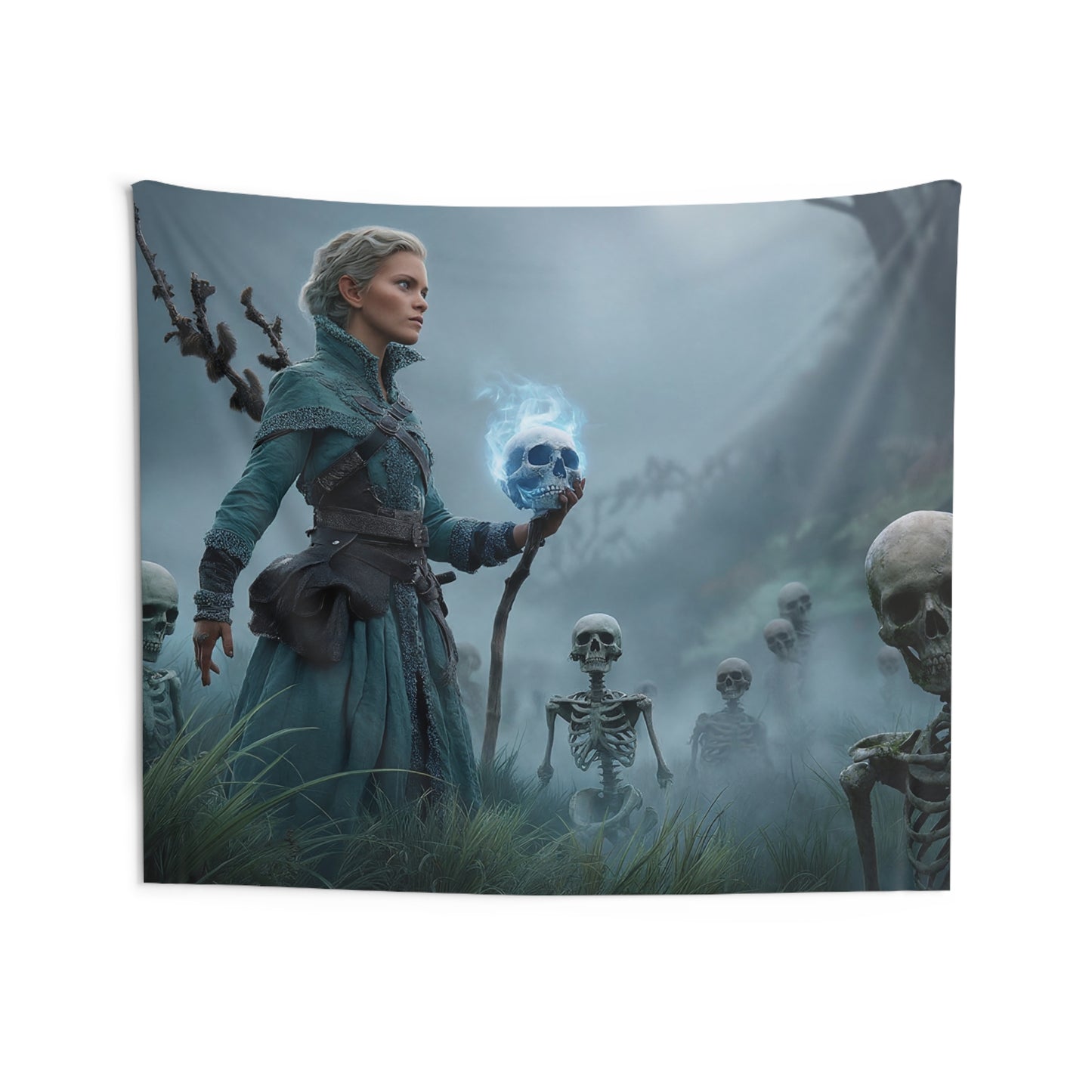 Mistbound Necromancer Wall Tapestry – Blue-Skull Sentinel in Foggy Grove