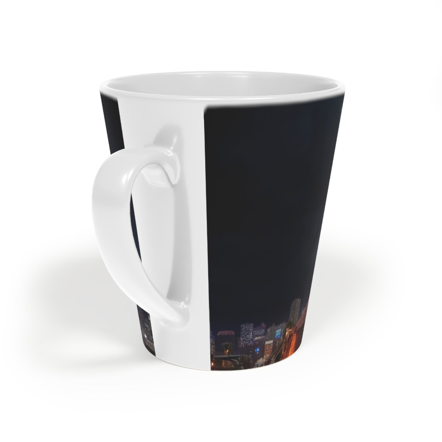Crimson Circus Tent Latte Mug, 12oz – Neon Nightscape Under Stormy Skies