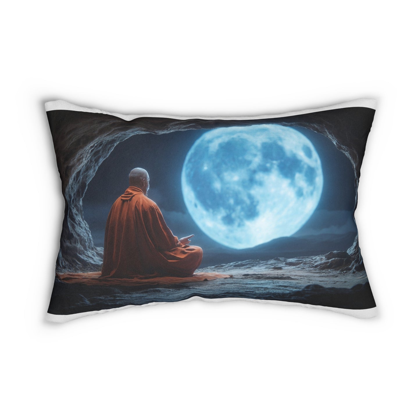 Moonlit Monk Spun Polyester Lumbar Pillow – Tranquil Cave Meditation Scene