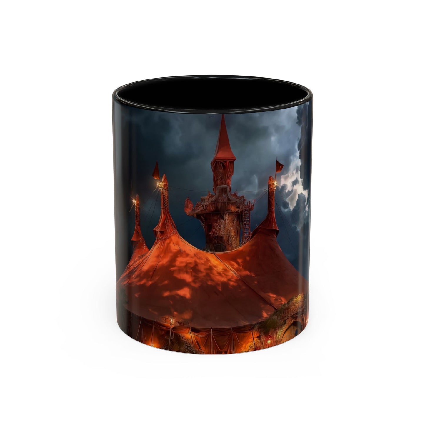 Crimson Circus Tent Accent Coffee Mug (11, 15oz) – Neon Nightscape Under Thunderclouds