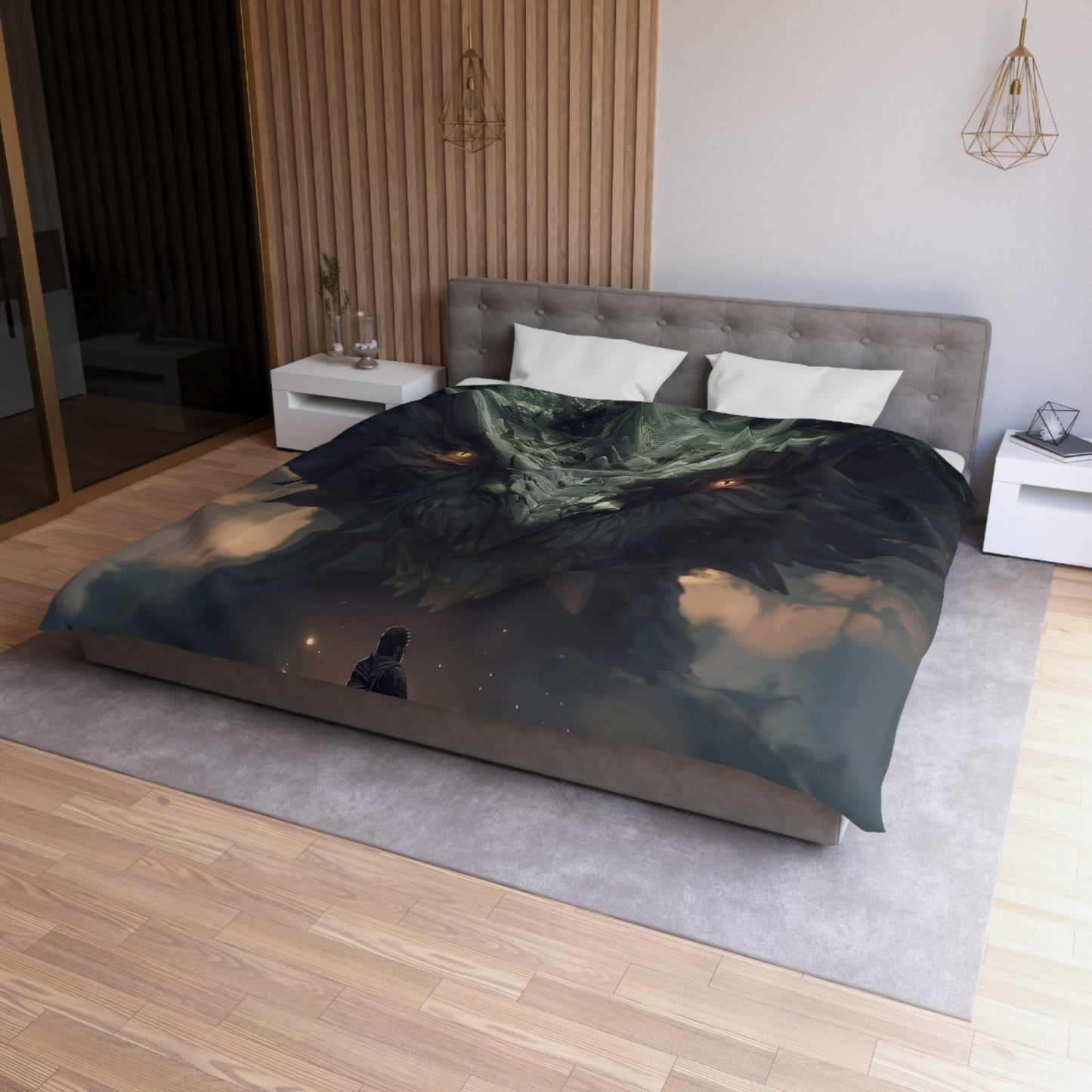 Ancient Dragon Sentinel Microfiber Duvet Cover – Forest Guardian at Dusk