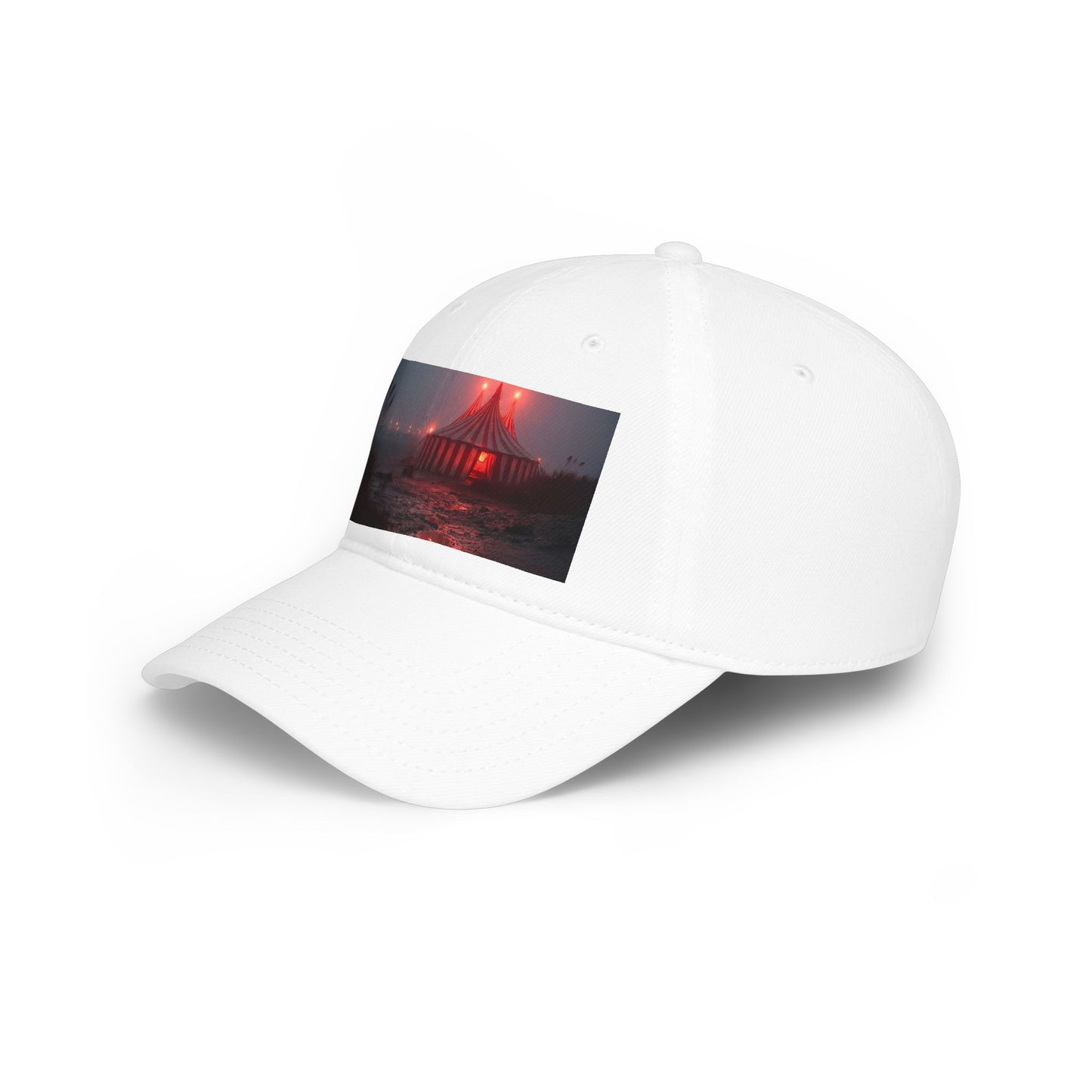 Crimson Carnival Tent Cap – Foggy Shoreline Circus Scene Low Profile Baseball Cap