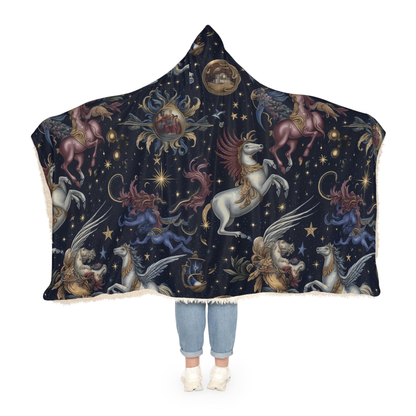 "A detailed pattern of mythical celestial creatures and constellations, such as Pegasus, Orion, and Cassiopeia, depicted in a tapestry of deep cobalt, rich burgundy, and luminous silver." -  Snuggle Blanket