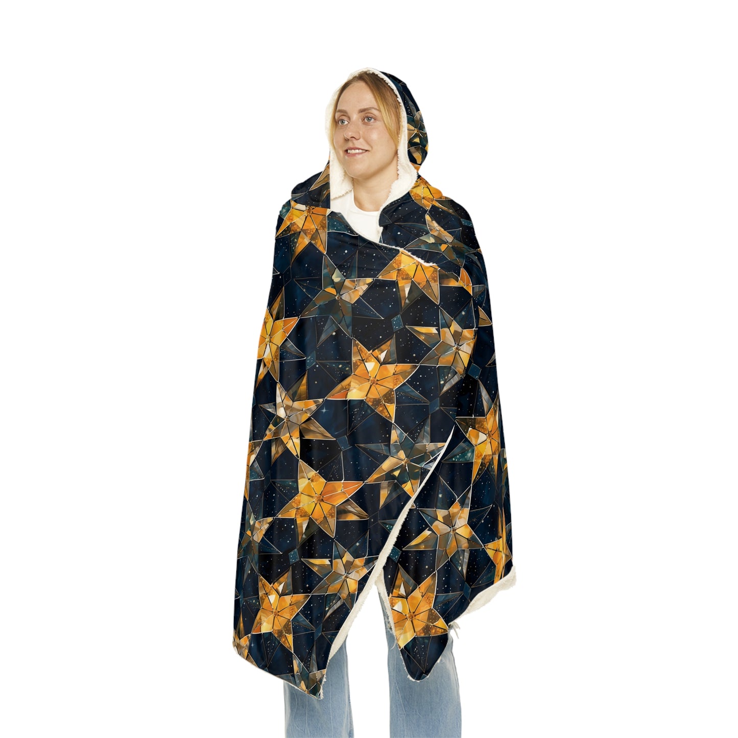 "A kaleidoscopic pattern of geometric star formations radiating from a central point, using a palette of deep sapphire, smoky quartz, and dark citrine hues." - Snuggle Blanket