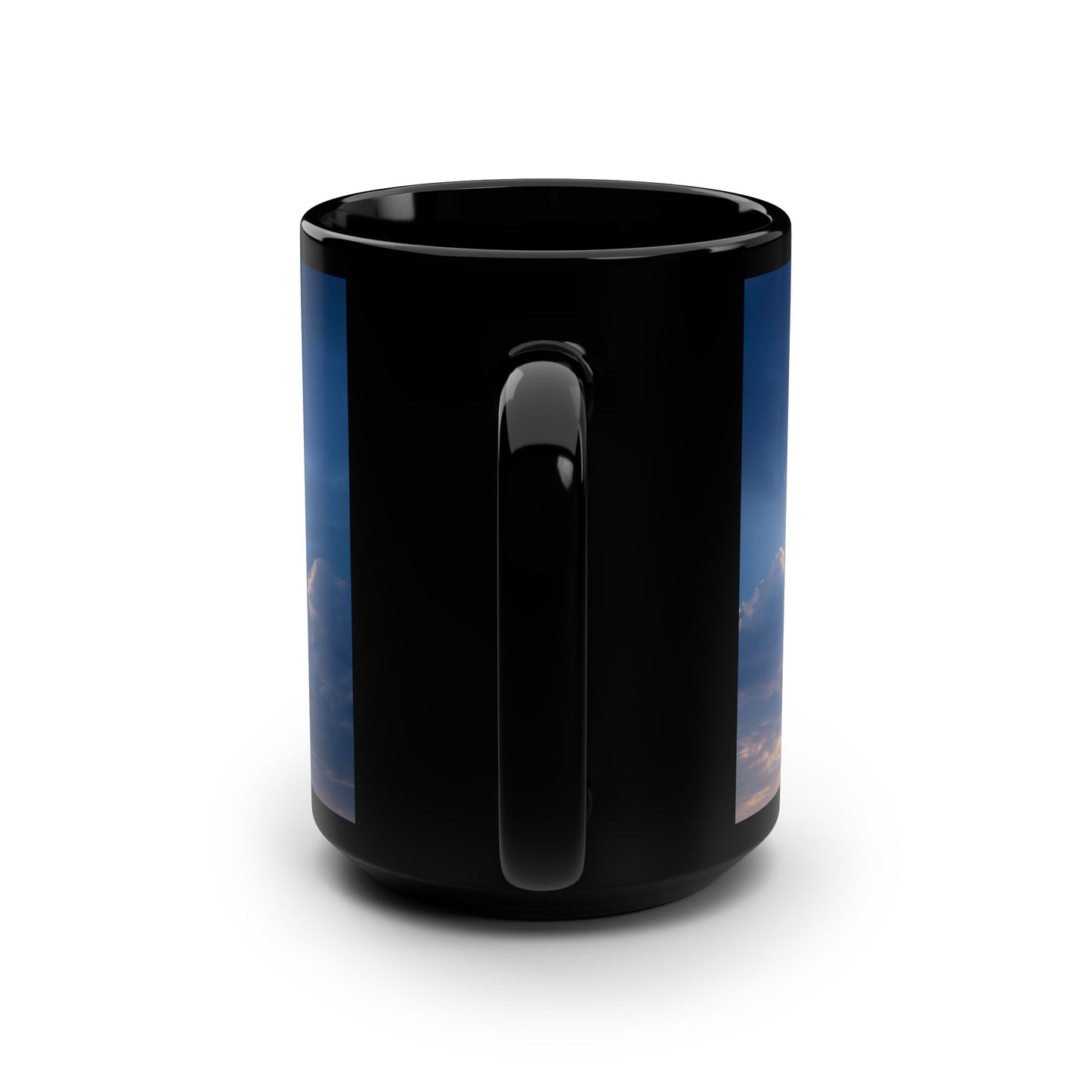 Towering Lighthouse Black Mug, 15oz – Glowing Beacon on Calm Sea