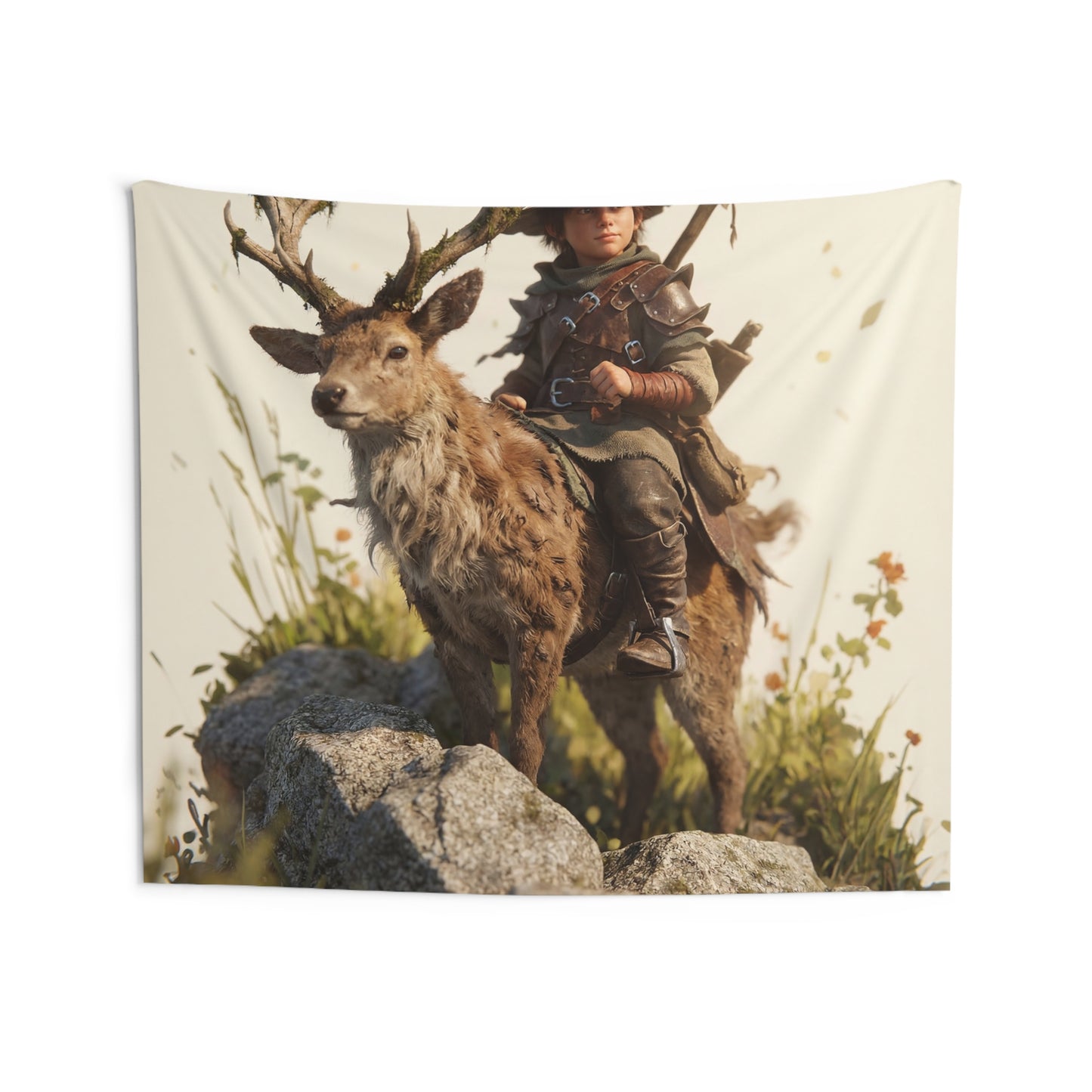 Boy with Antlered Deer Indoor Wall Tapestries – Whispering Woods Companion