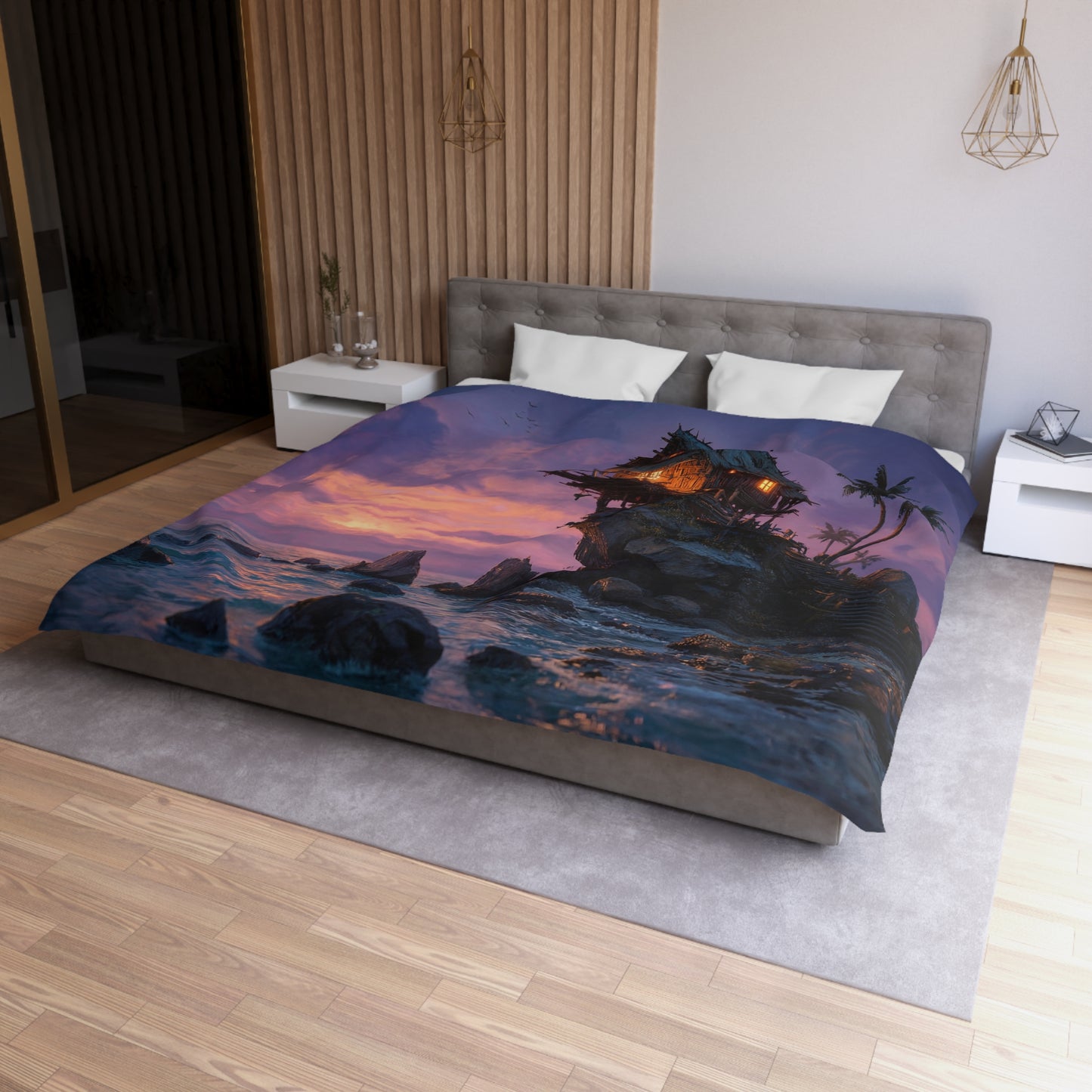 Cliffside Lighthouse Cottage Duvet Cover – Warm Light Against Twilight Seas