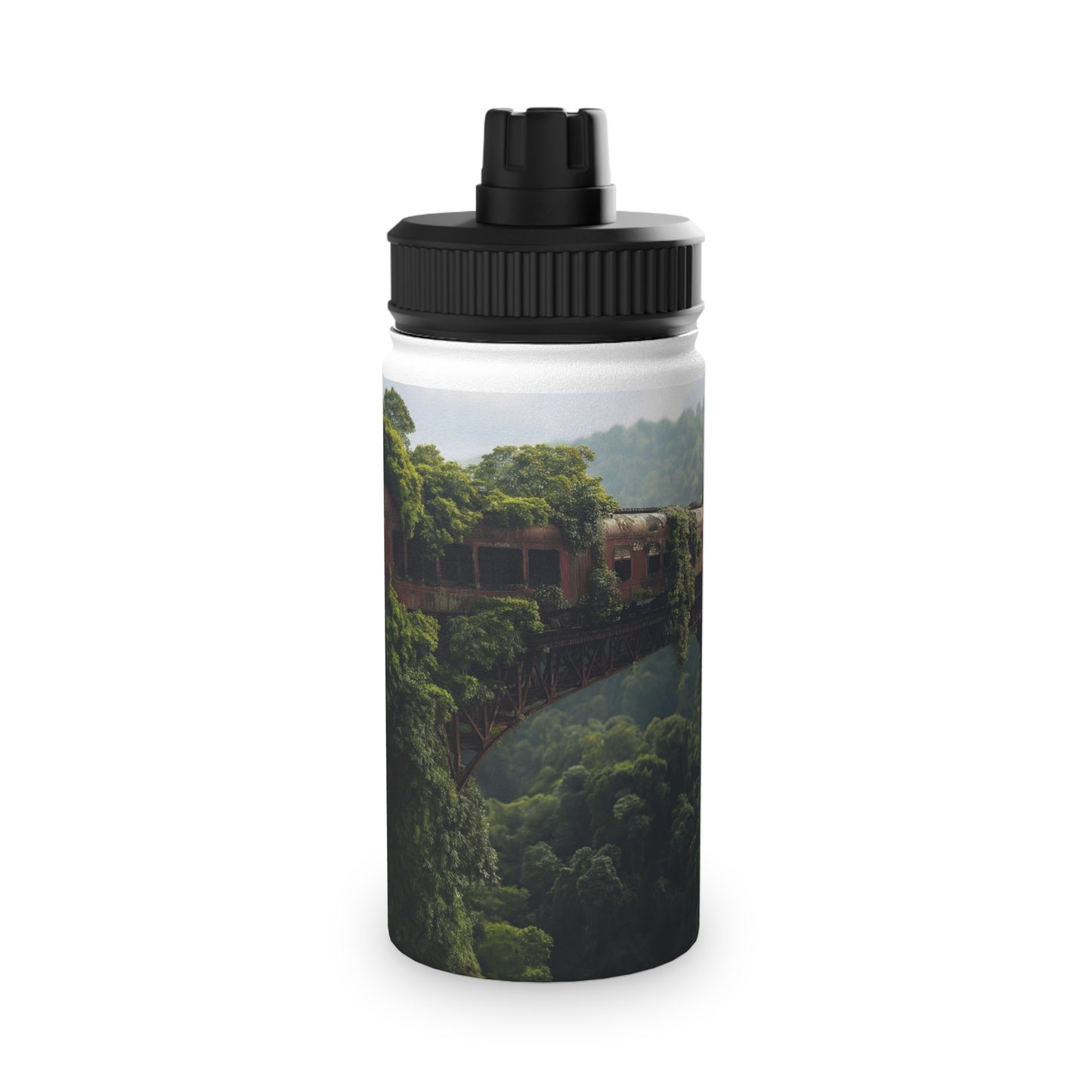 Abandoned Train Through Verdant Canopy Stainless Steel Water Bottle, Sports Lid – Timeless Forest Journey