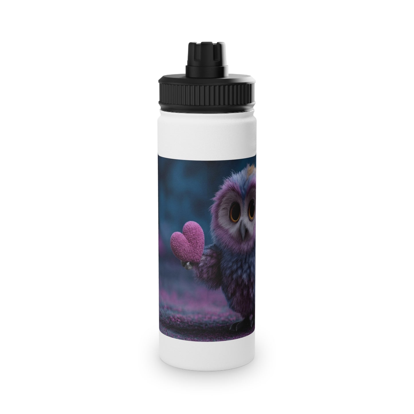 Velvet Owl with Heart Stainless Steel Water Bottle, Sports Lid – Midnight Whimsy Companion