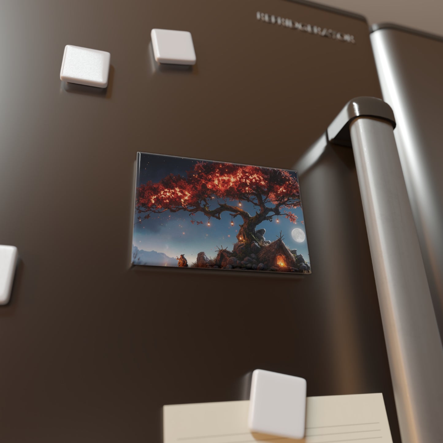 Whispering Ember Tree Button Magnet, Rectangle (1 & 10 pcs) – Campfire Glow Under a Starlit Canopy