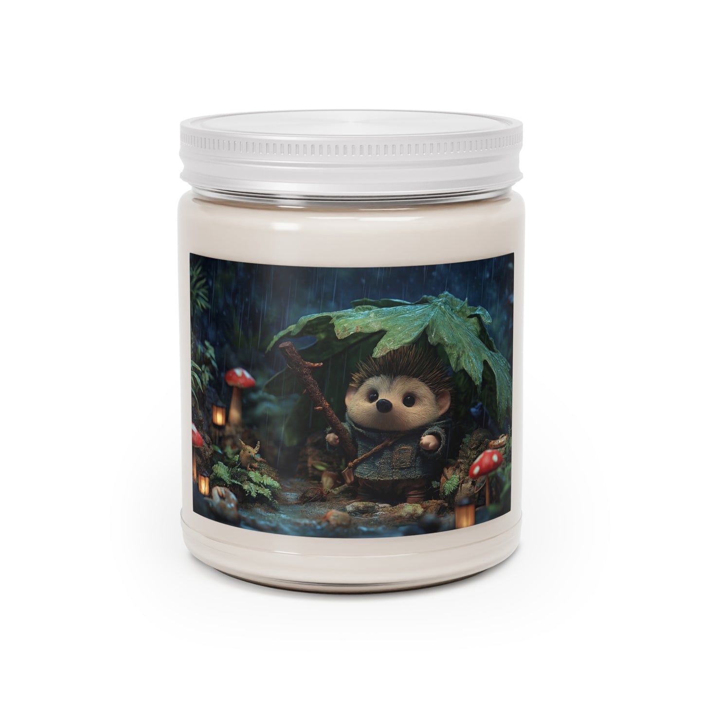 Rain-Slicked Forest Hedgehog Scented Soy Candles with White Lid, 9oz – Tiny Explorer’s Twilight Refuge