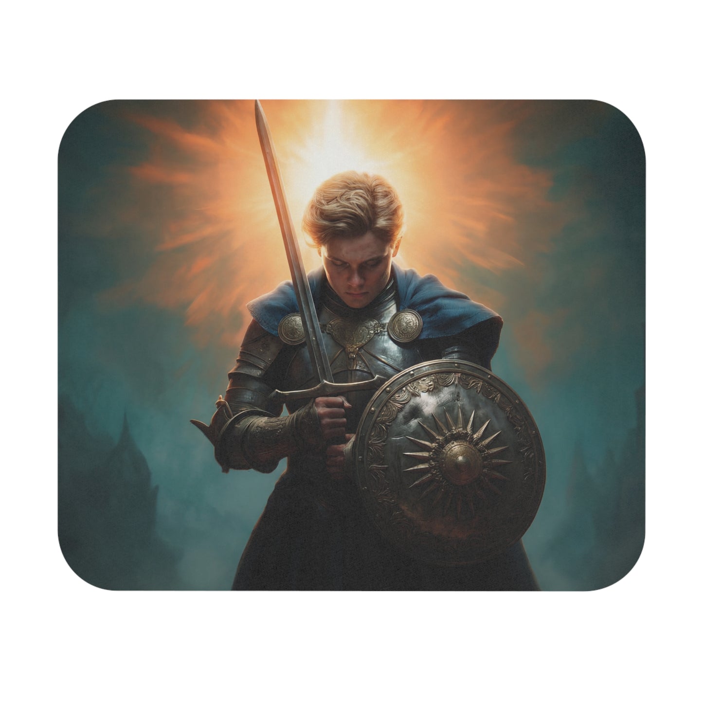 Dawn-Walk Knight Mouse Pad – Sunlit Steel Resolve Rectangle