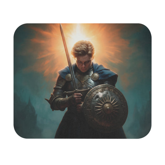 Dawn-Walk Knight Mouse Pad – Sunlit Steel Resolve Rectangle
