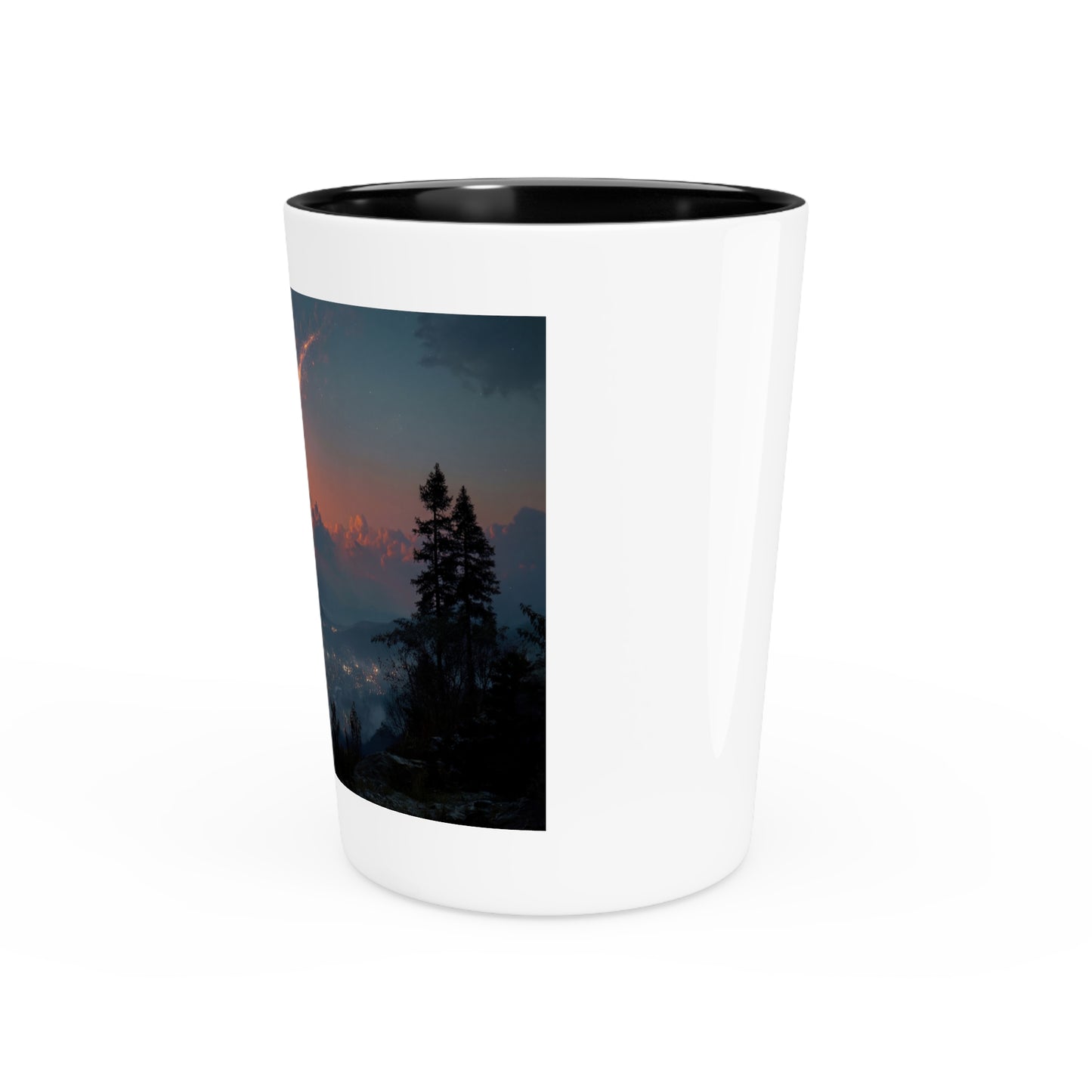 Meteor Shower Shot Glass – Fiery Comet Over Mountain City