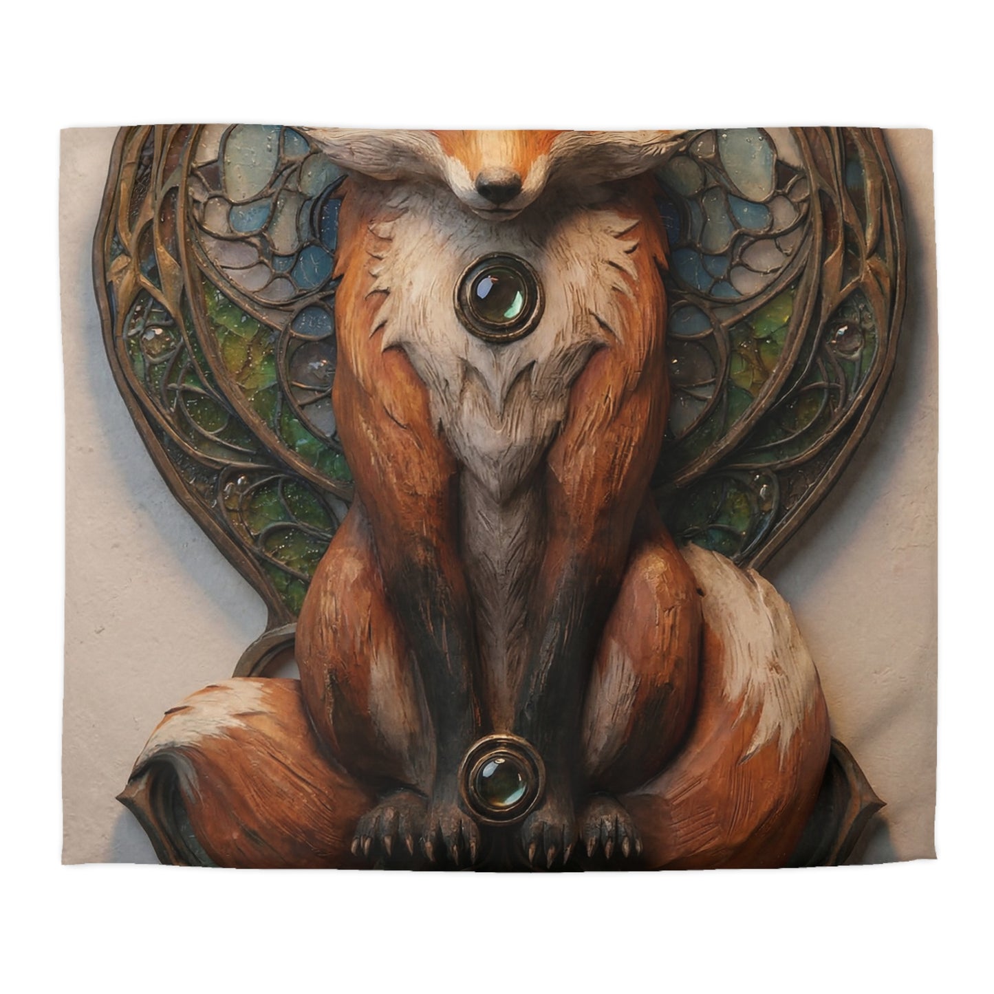 Fox Sentinel Microfiber Duvet Cover – Warm Amber Guardian in Stained Glass