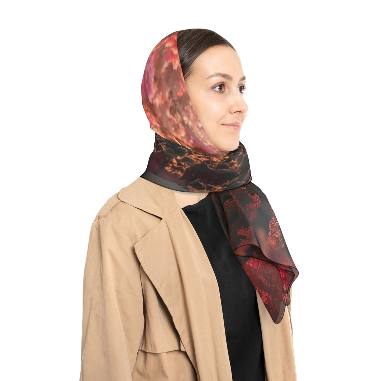 Crimson Canopy Poly Scarf – Whispering Love in the Heartwood Grove