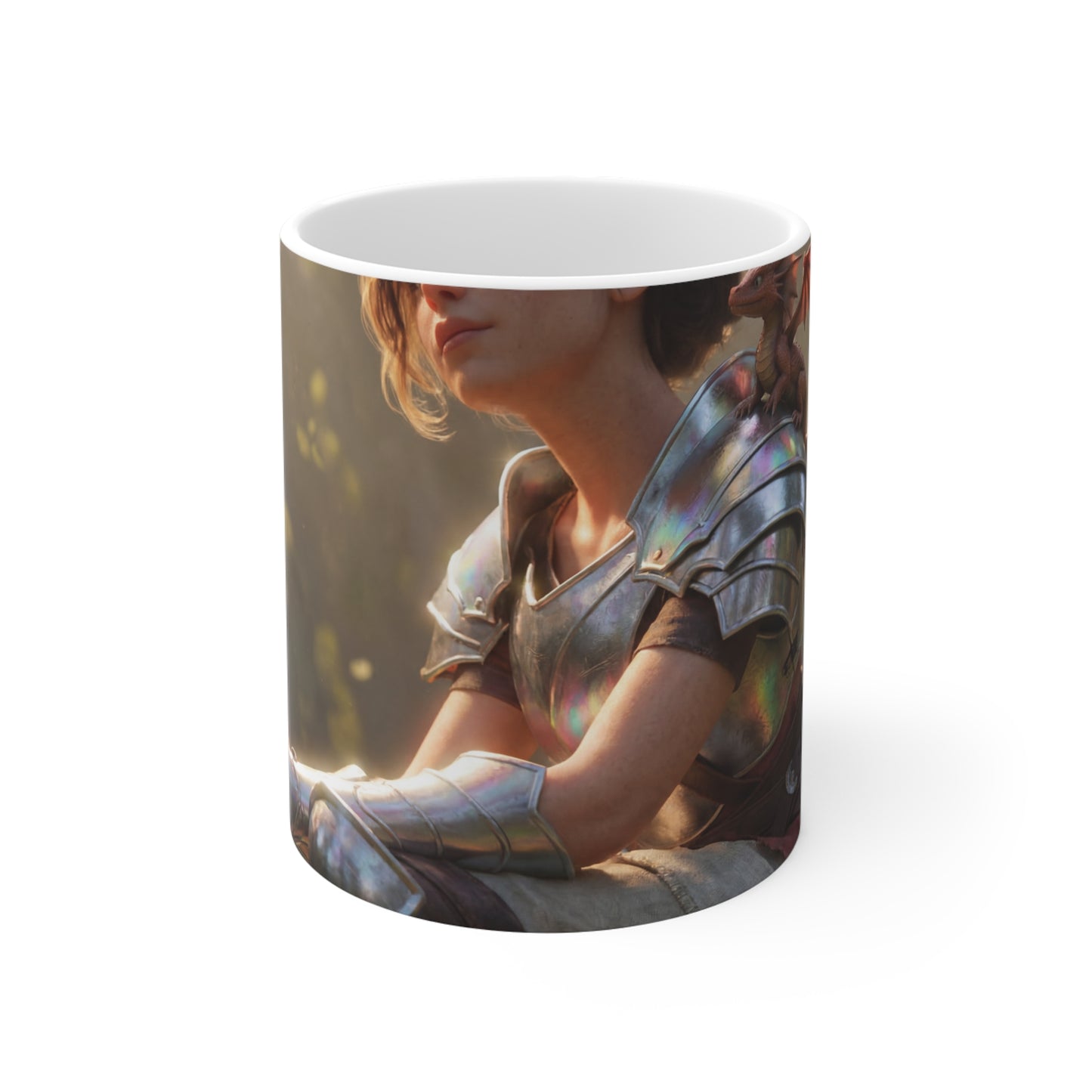 Elf Sentinel Ceramic Mugs (11oz\15oz\20oz) – Sunlit Grove with Tiny Dragon Companion