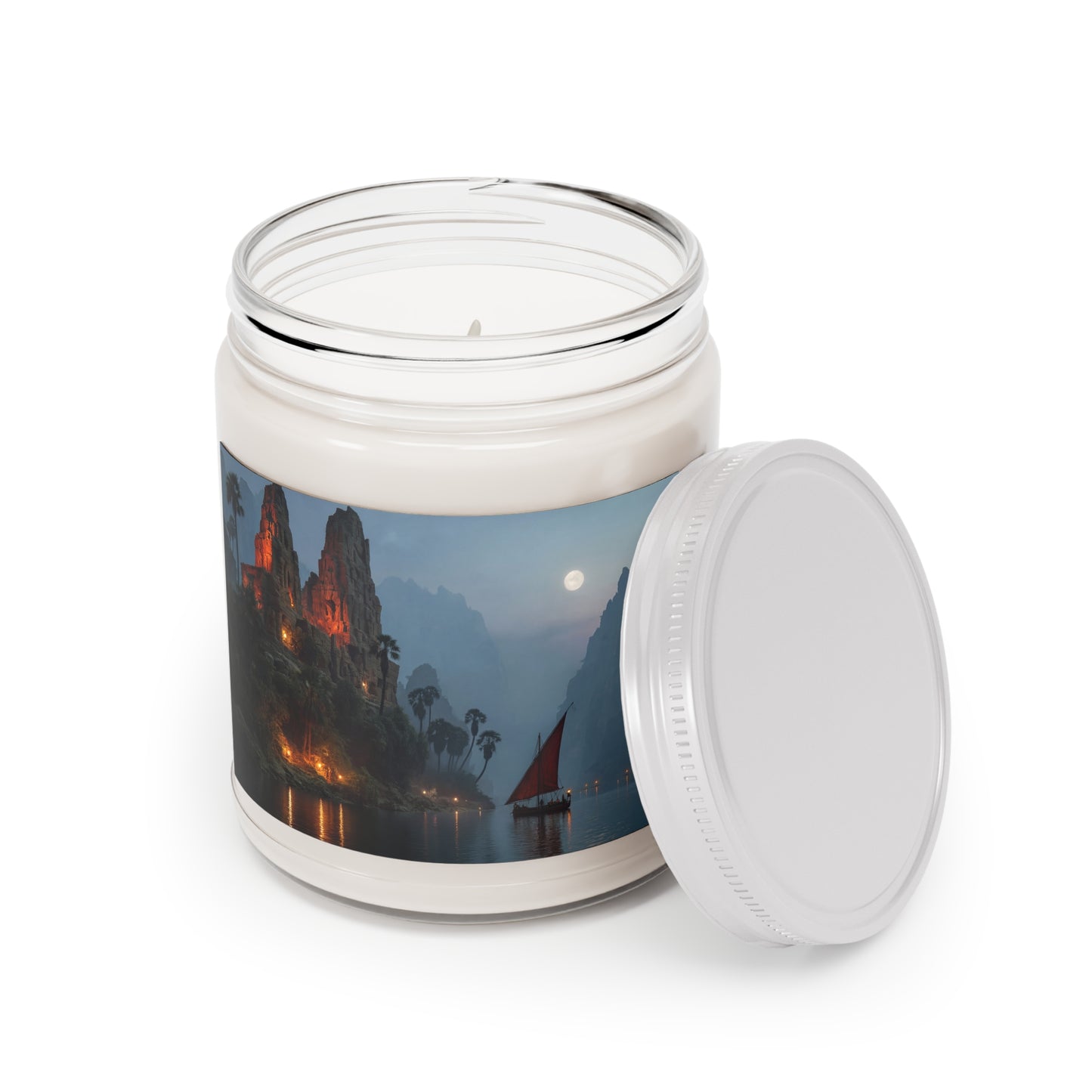 Moonlit Temple Ruins Scented Soy Candles with White Lid, 9oz – Amber Glow Across the Misty River