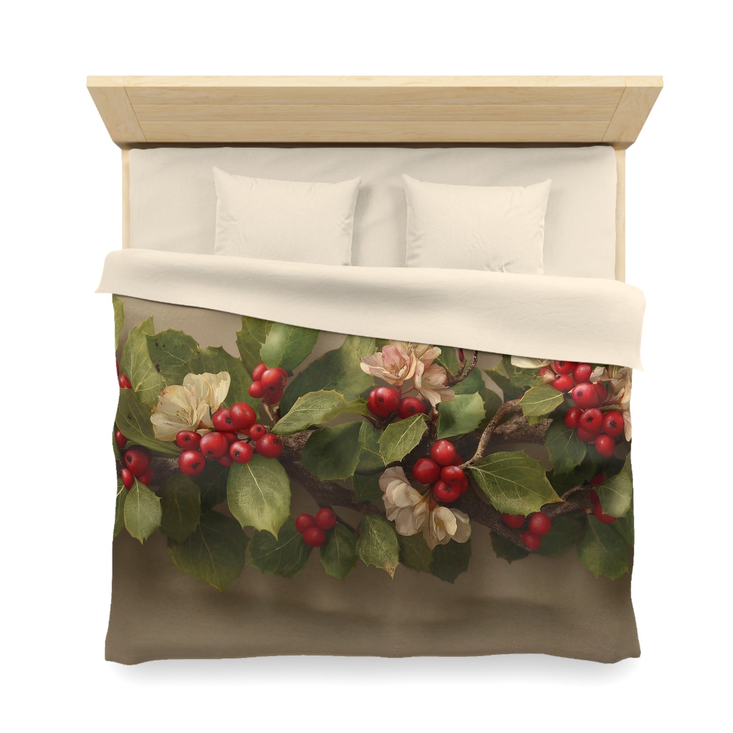 Winter Berry Garland Microfiber Duvet Cover – Velvet Green and Crimson Blooms