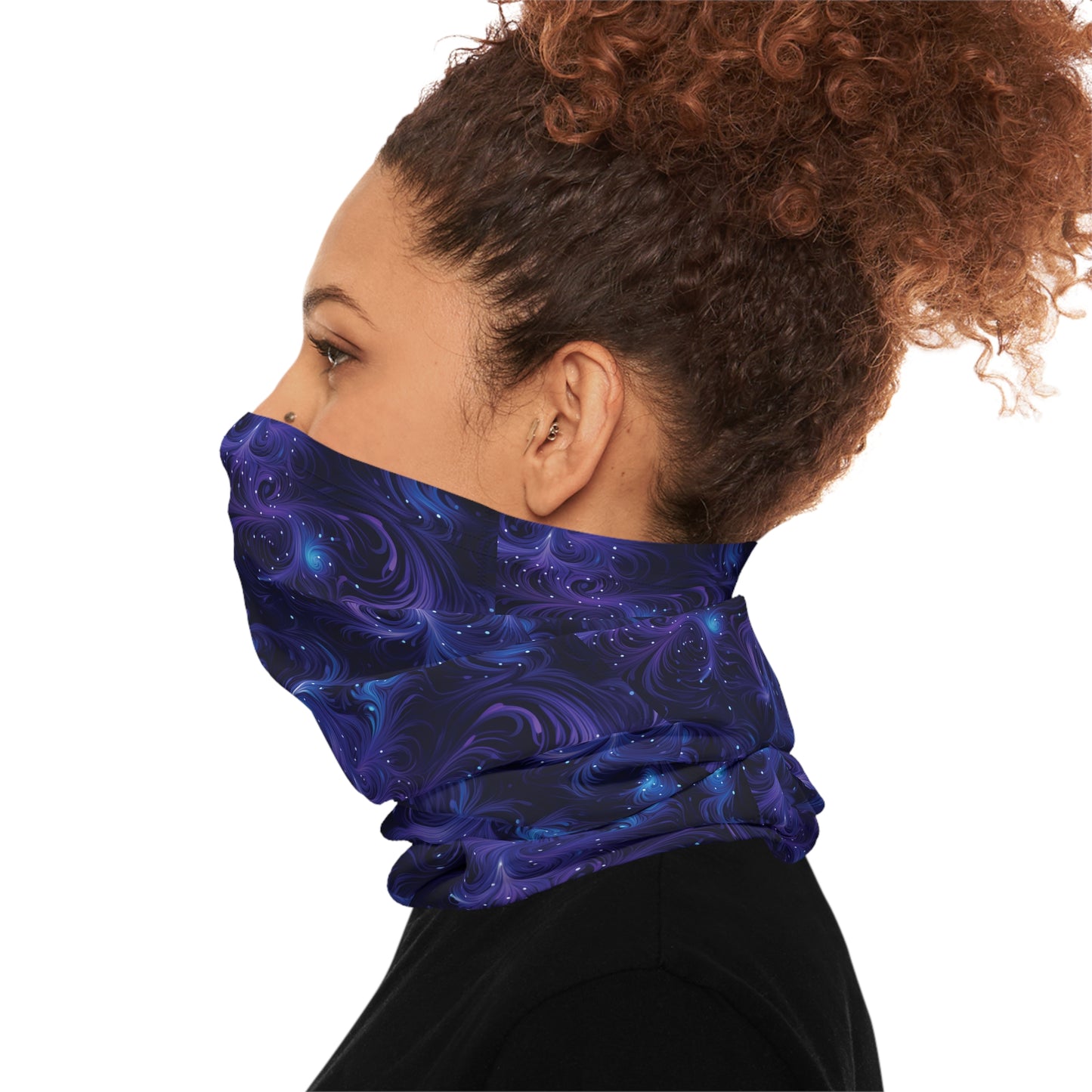 "A tiling pattern of swirling blue and purple fractal shapes reminiscent of galaxy nebulae on a midnight blue background" - Lightweight Neck Gaiter