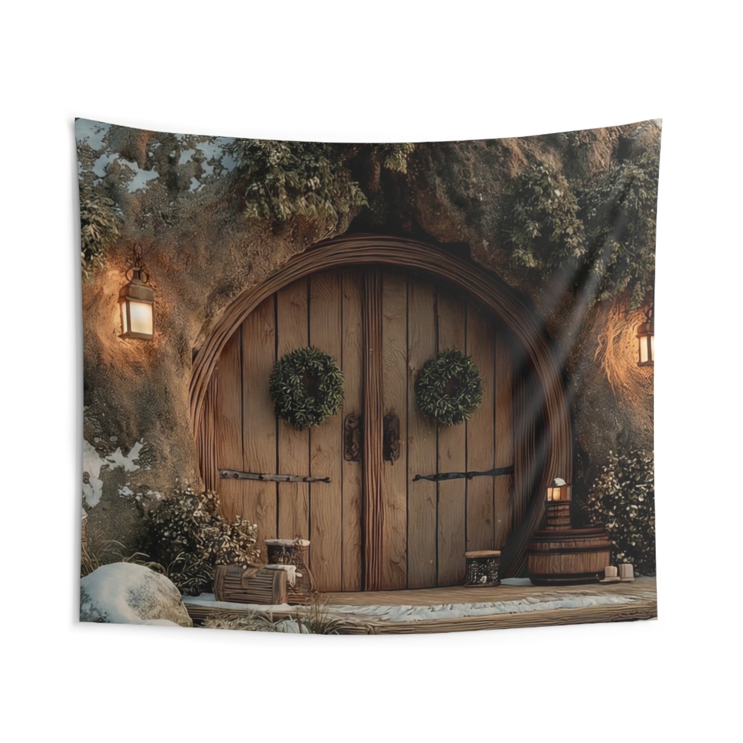 Winter Hollow Treehouse Tapestry – Snow-Dusted Forest Sanctuary