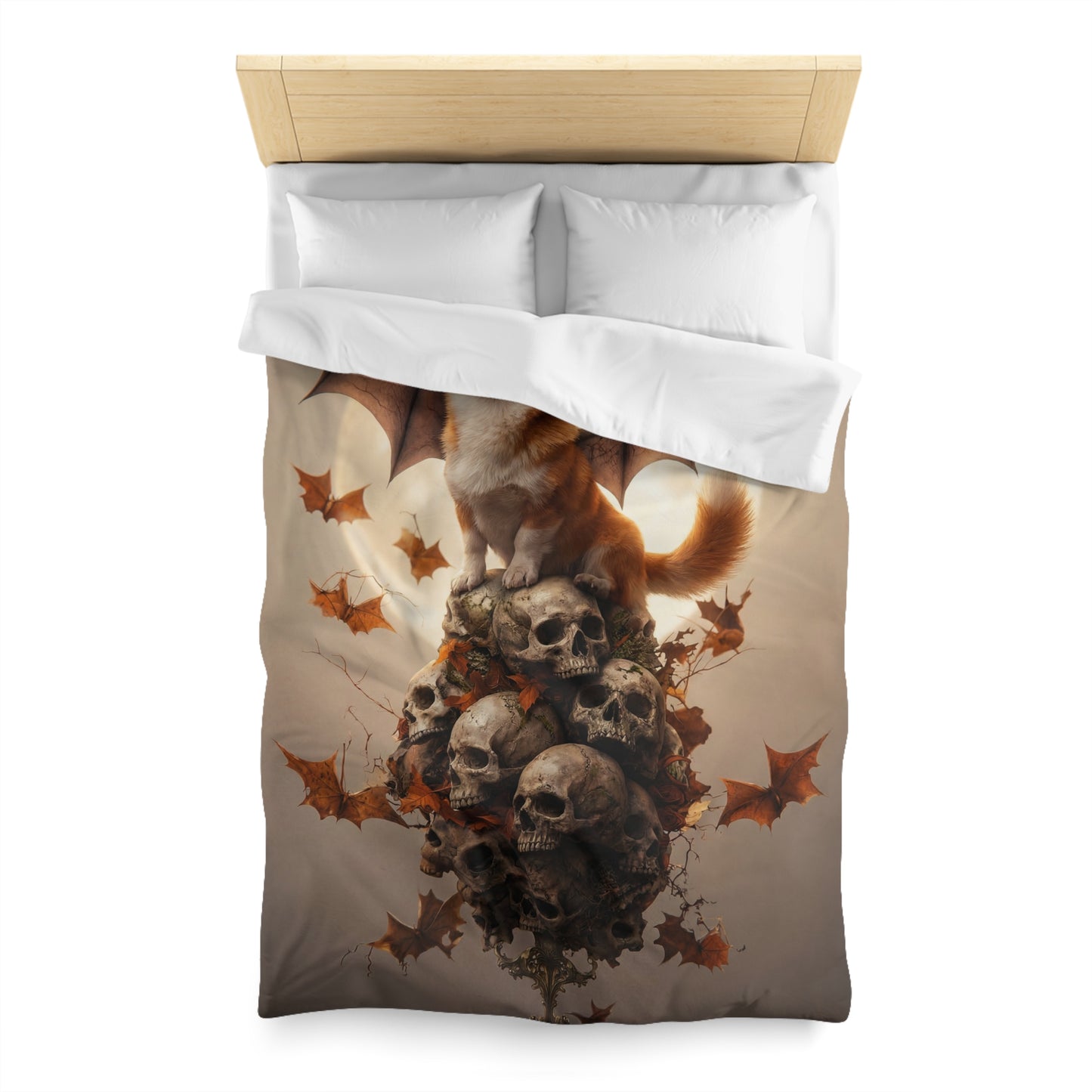 Winged Corgi Over Skulls Duvet Cover – Autumn Moonlight Sentinel
